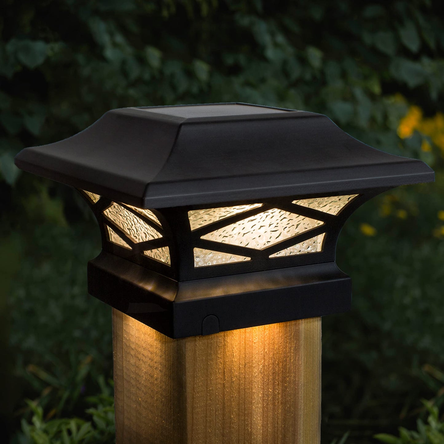 Classy Caps Kingsbridge Dual Lighted Solar Post Cap - Fits 3.5"x3.5", 4"x4", 5"x5", and 5.5"x5.5" Deck & Fence Posts - Black Aluminum, Real Glass