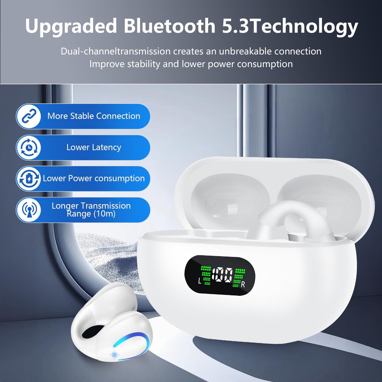 Open Ear Bone Conduction Headphones Bluetooth 5.3 Wireless Open Clip Ear Earbuds Built-in Mic with Ear Hooks 60 Hours Playtime Sport Earphones IPX7