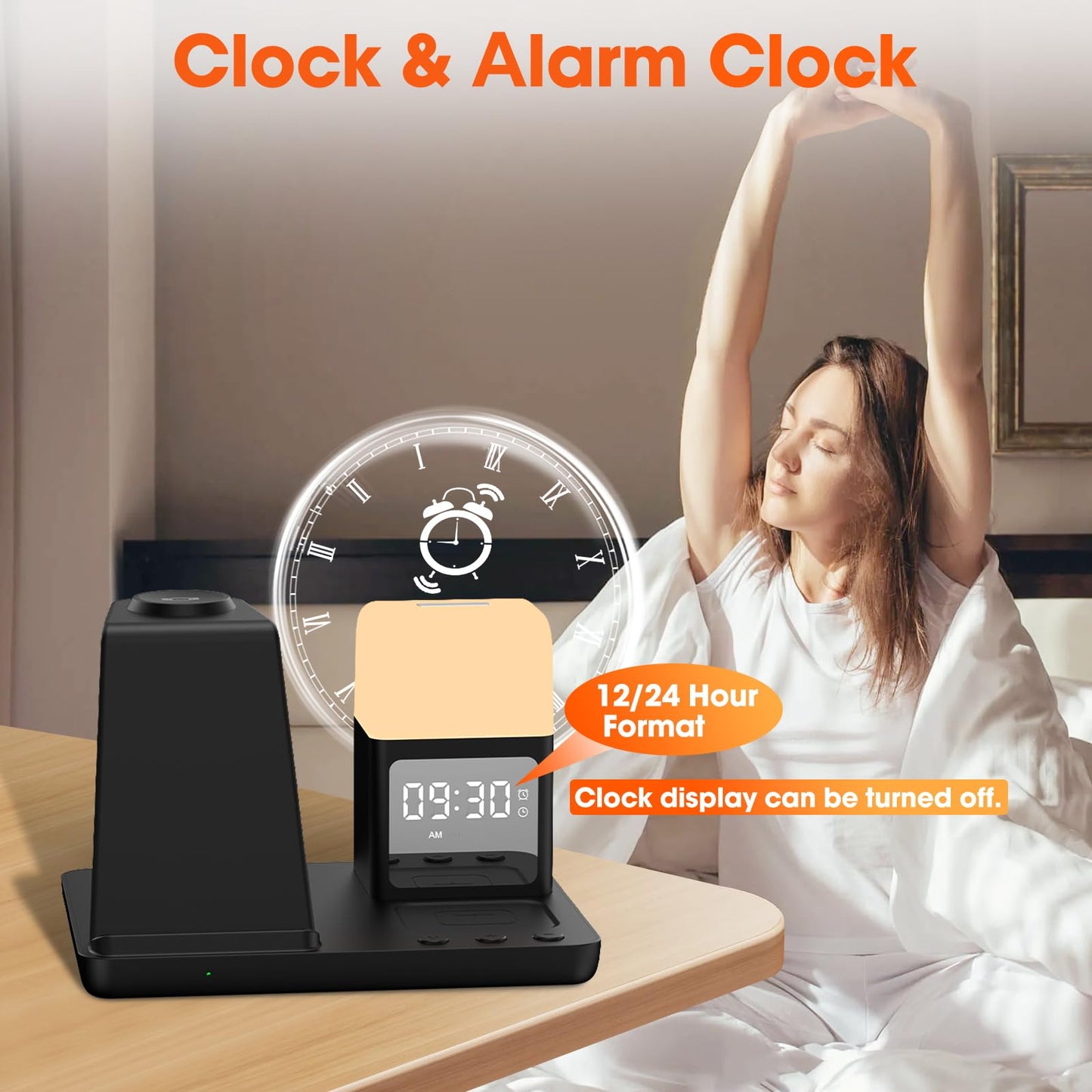 Wireless Charger for Samsung/Android Charging Station, 6 in 1 Fast Watch Charger with Alarm Clock-Night Light, Compatible for Galaxy S25 Ultra/S24