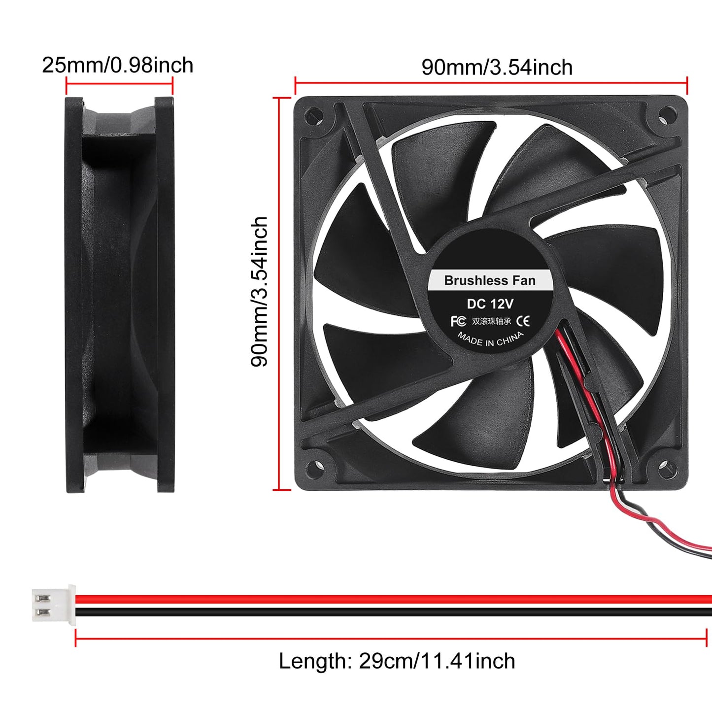 92mm x 92mm x 25mm Cooling Fan with Dual Ball Bearings 3.6 inch 12V DC 3500 RPM - Ideal for DIY Cooling, 3D Printer, CNC, Robotics