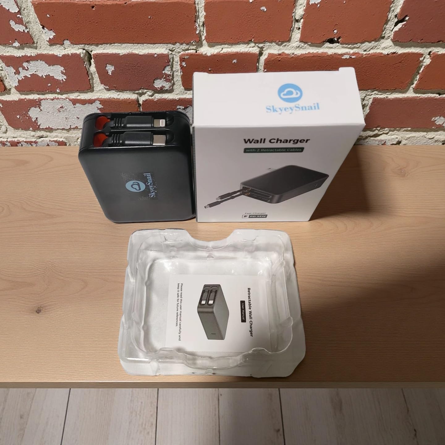 Wall Charger, GaN Fast Charging, Retractable Dual Cables, USBC Port, Folding Plug, Compact Travel Multi Charging Block for iPhone, Samsung, Tables