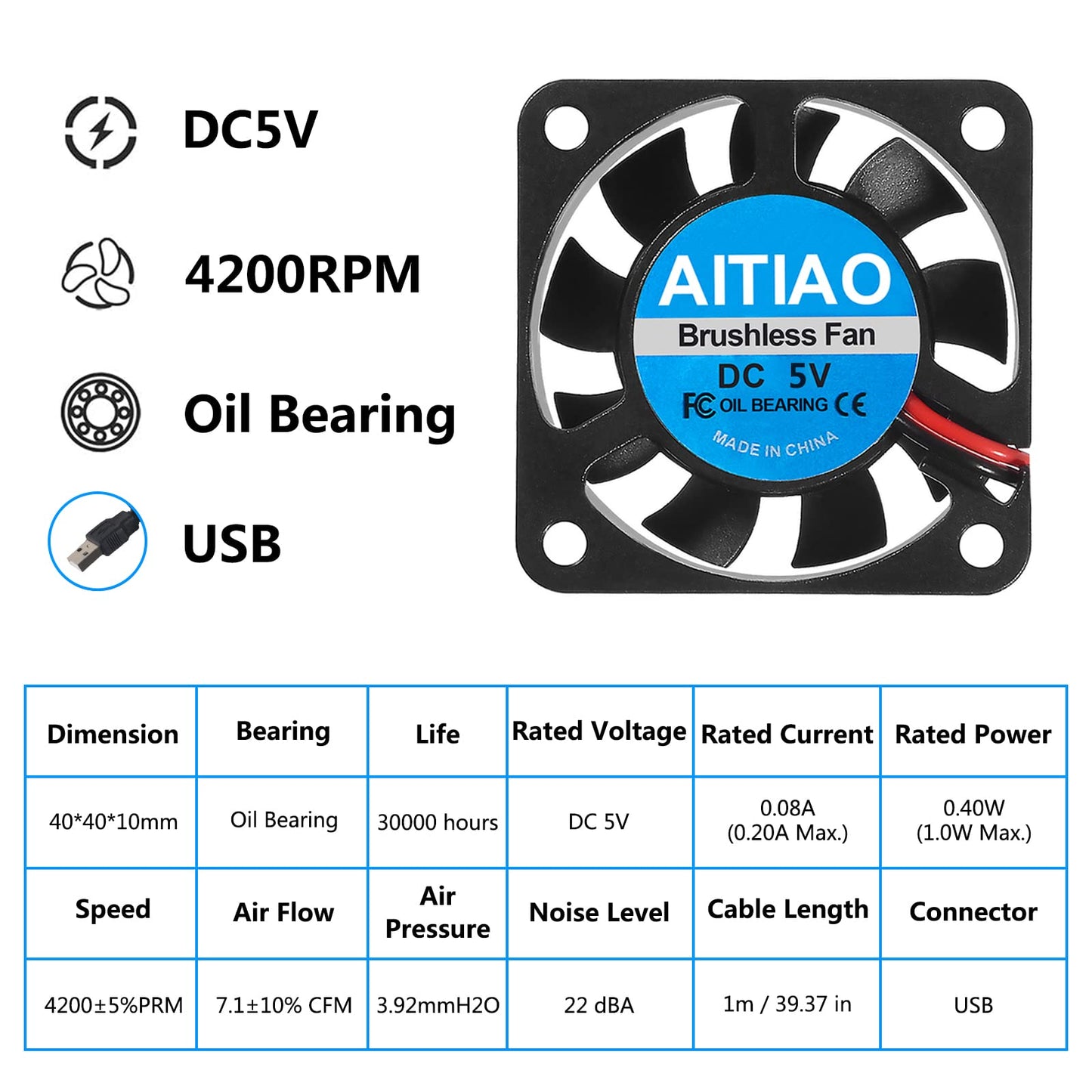 AITIAO 6Pcs 40mm USB Brushless Cooling Fan 40mm x10mm DC 5V Quiet Cooling Fan 4010 Mini Computer Fan for Small Appliances Series Replacement(4010USB