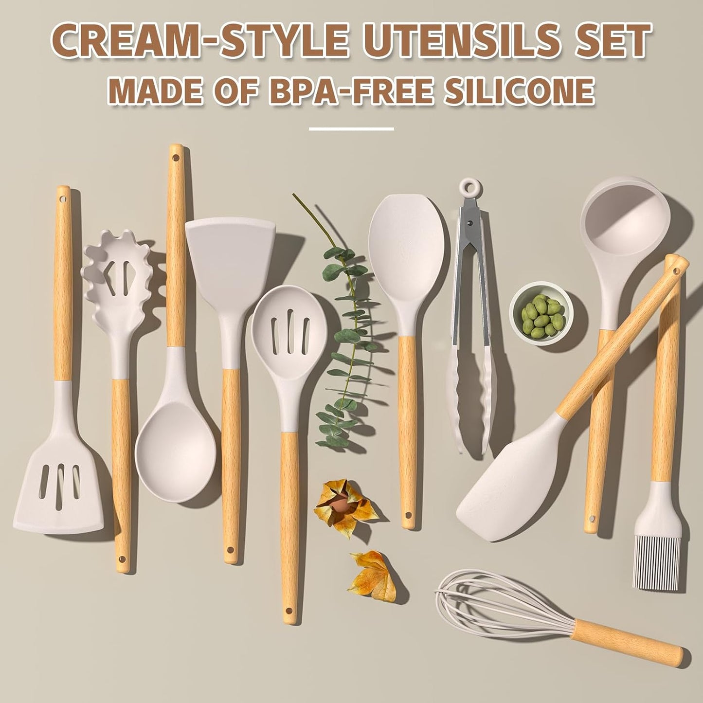 Umite Chef 33-Piece Kitchen Utensil Set – Non-Stick Silicone Spatulas with Wooden Handles & Holder, Khaki Kitchen Gadgets