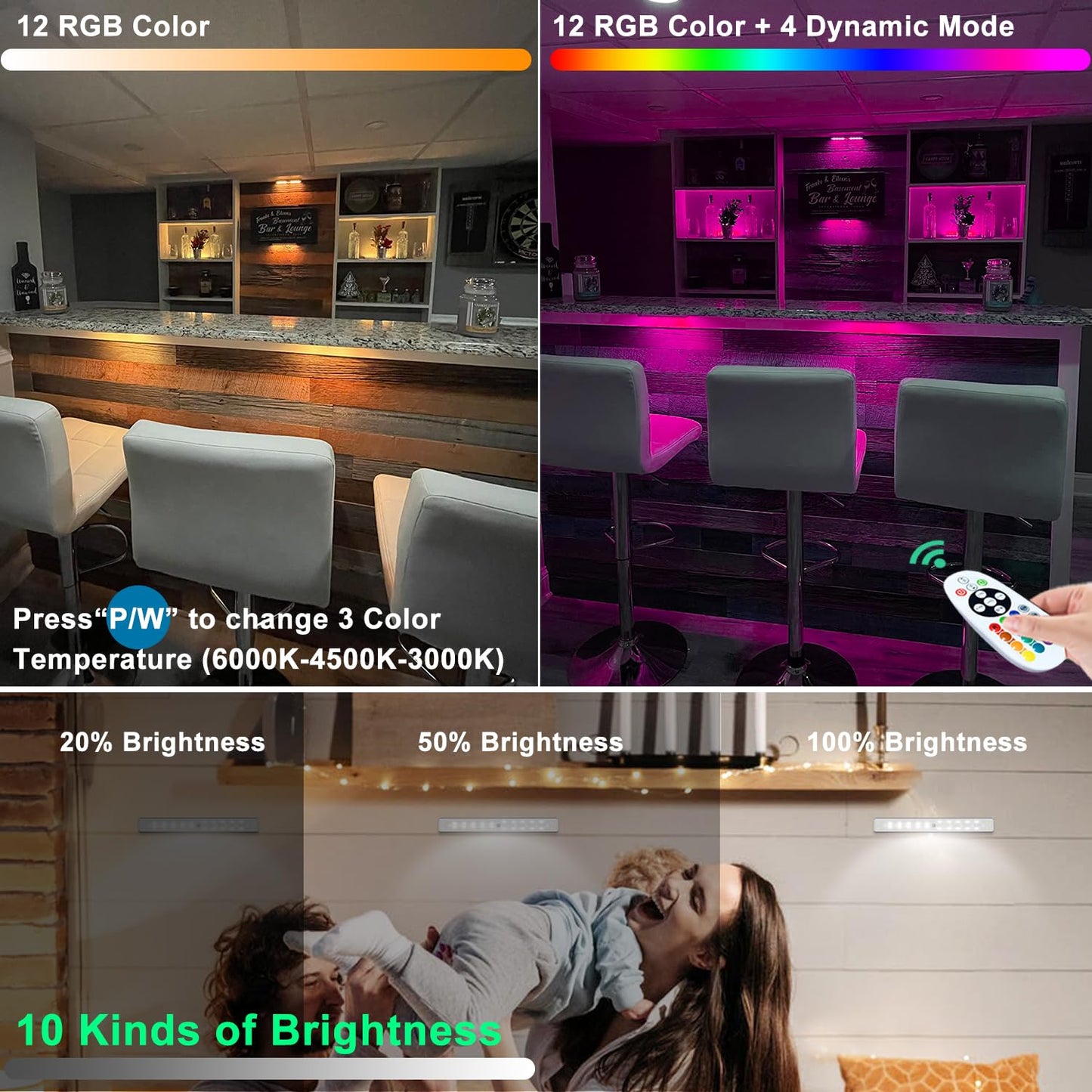 Under Cabinet Lighting Wireless Rechargeable Battery Operated LED Closet Lights Dimmable Under Counter Lights Bar with Remote, RGB Changing Perfect