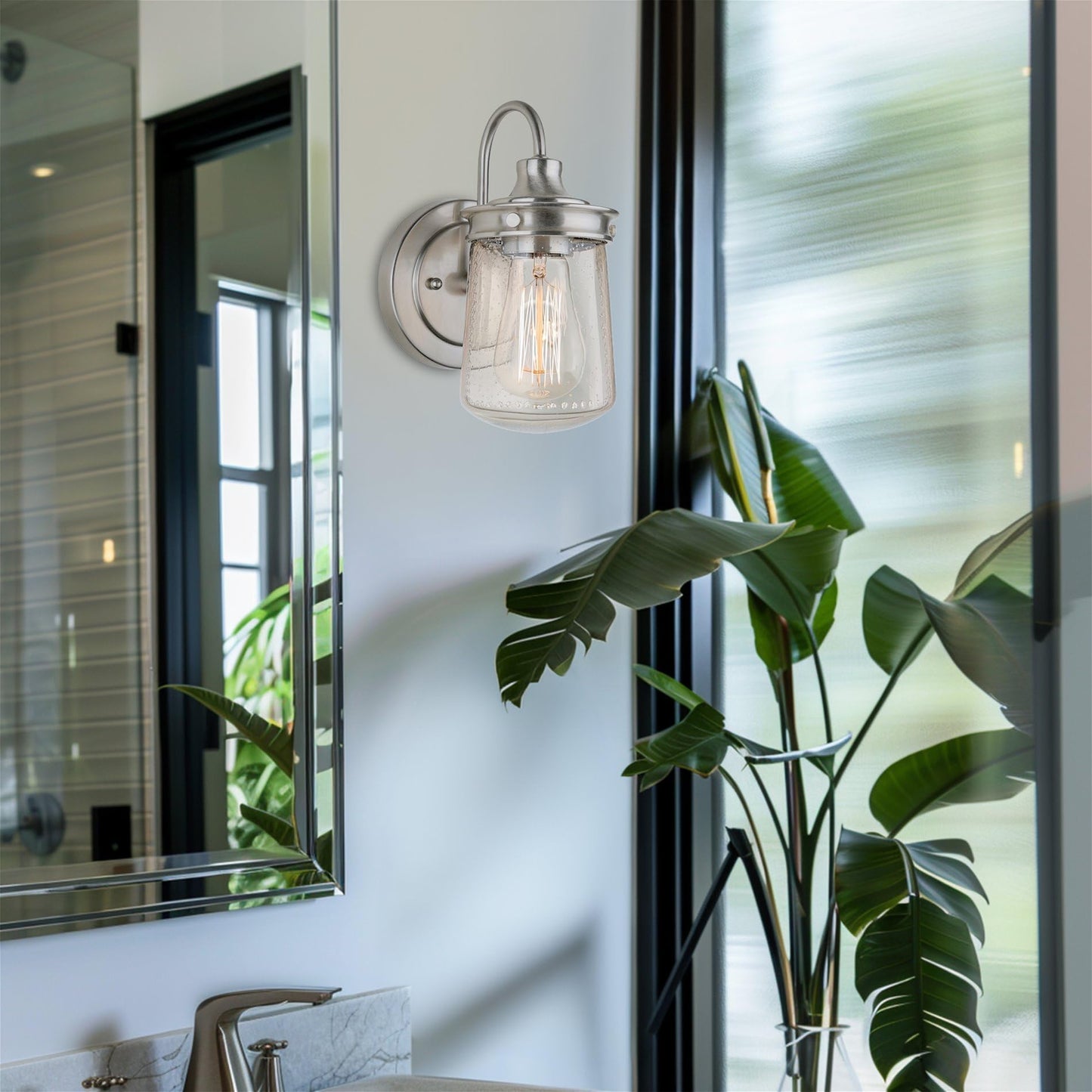Kira Home Mason 10" Modern Farmhouse Wall Sconce with Seeded Glass Jar Shade, Industrial Silver Gooseneck Wall Light, Brushed Nickel Finish
