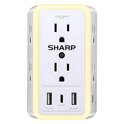 Sharp Wall Charger, Surge Protector, Outlet Extender With 6 Wide Spaced Outlets, Fast Charge, 2 USB-A and 1 Type-C, Smart AutoSense Nightlight, White