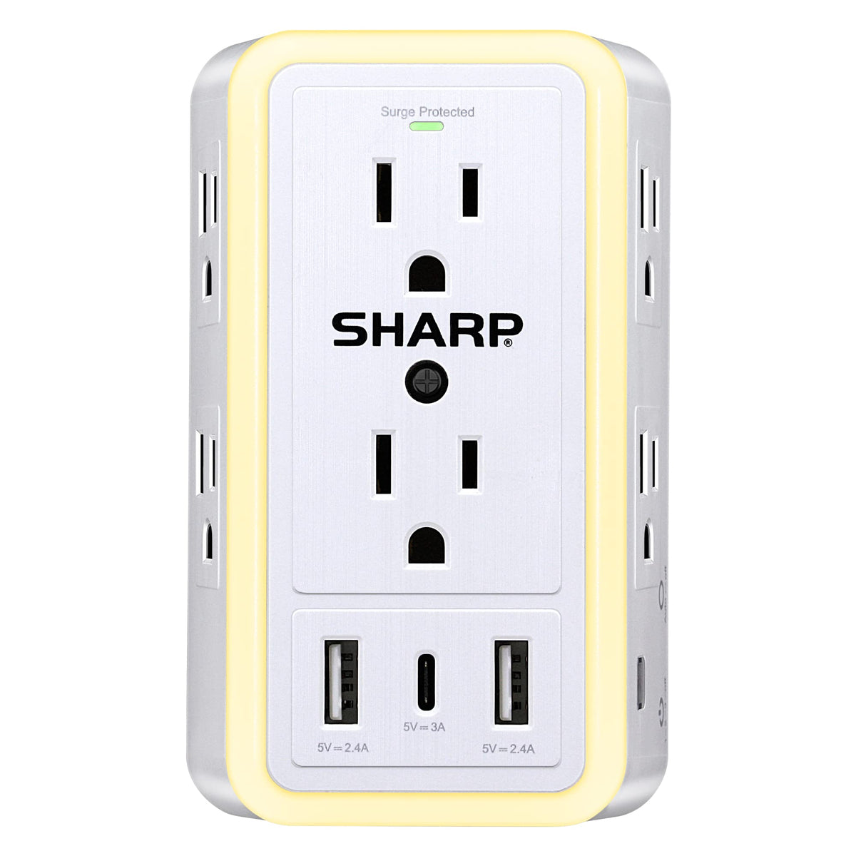 Sharp Wall Charger, Surge Protector, Outlet Extender With 6 Wide Spaced Outlets, Fast Charge, 2 USB-A and 1 Type-C, Smart AutoSense Nightlight, White