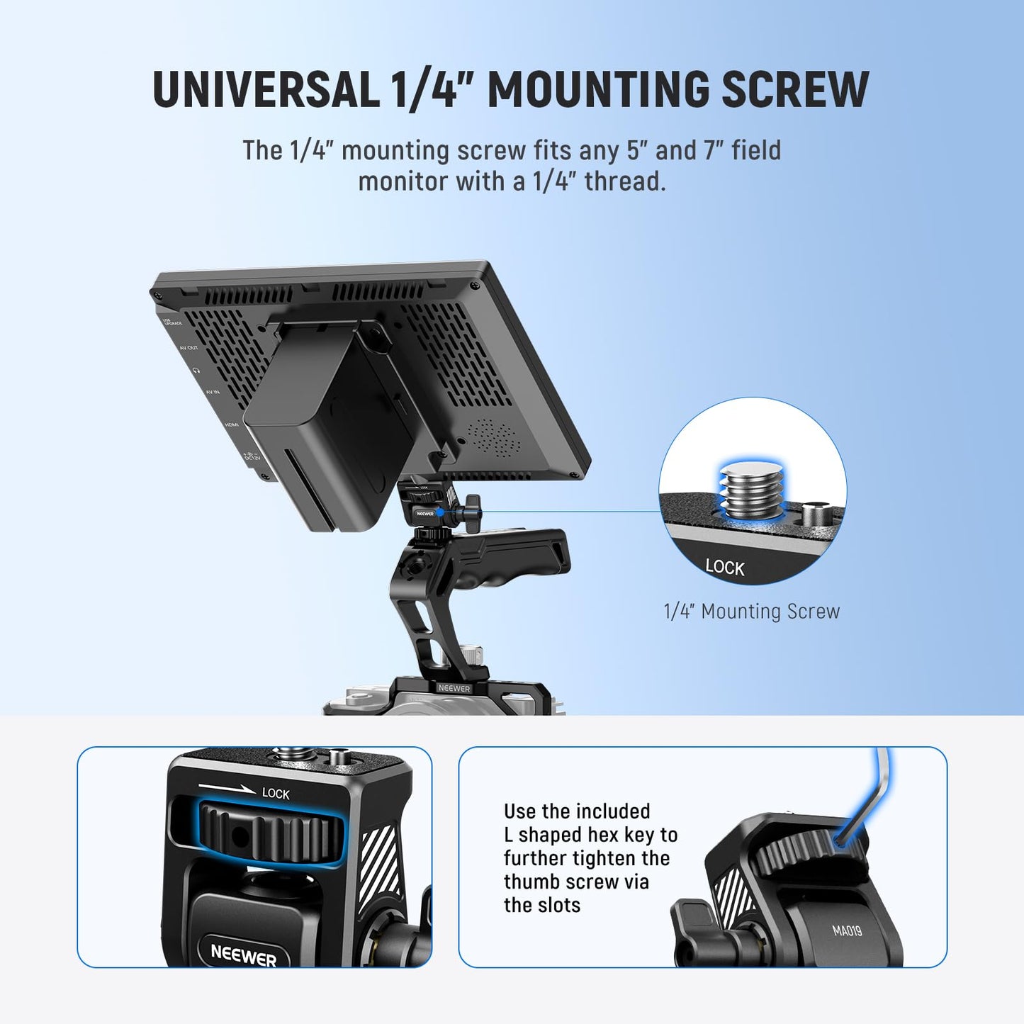 NEEWER Field Monitor Mount Holder with Cold Shoe Adapter 360 Swivel 180 Tilt Anti Twist Screw/Cleaning Cloth, Compatible with Atomos Ninja 5"/7"