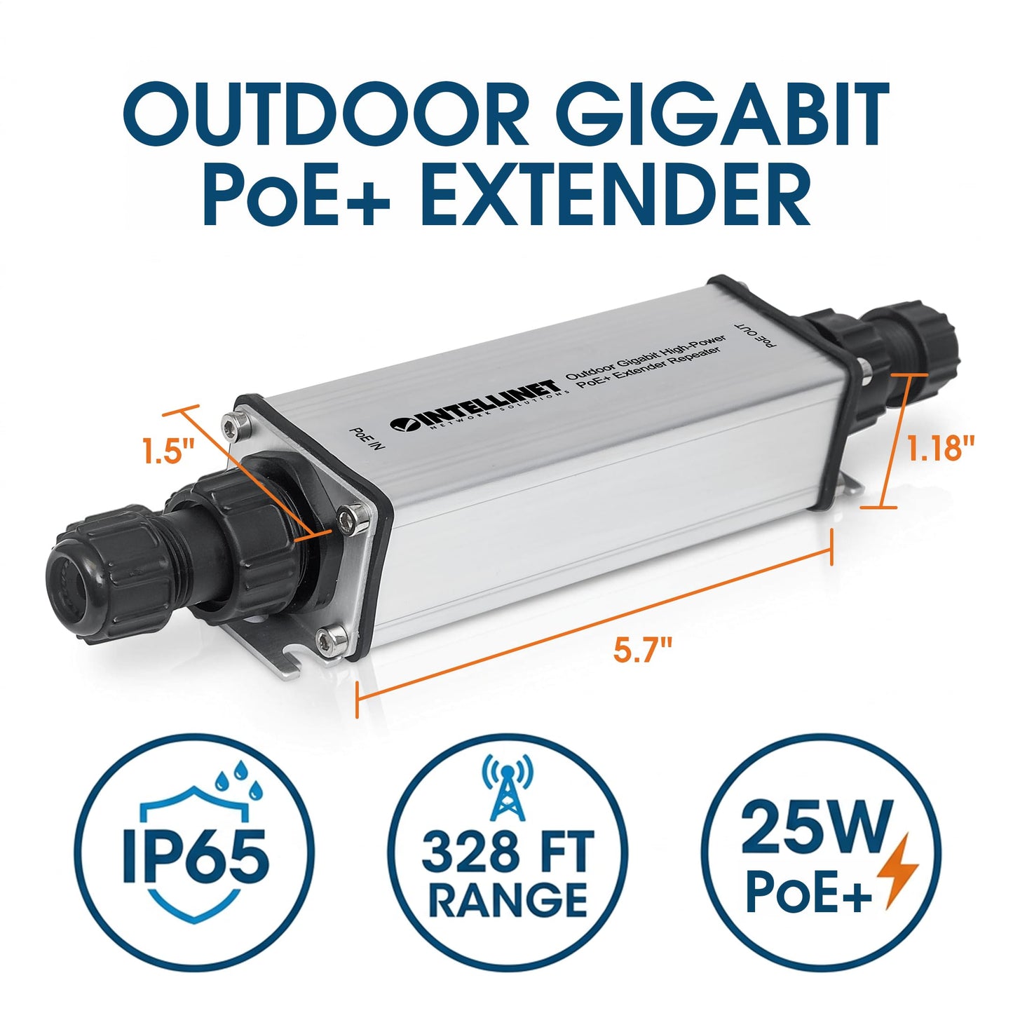 Intellinet Outdoor Gigabit PoE+ Extender, IP65, 25W, 328 Ft Range