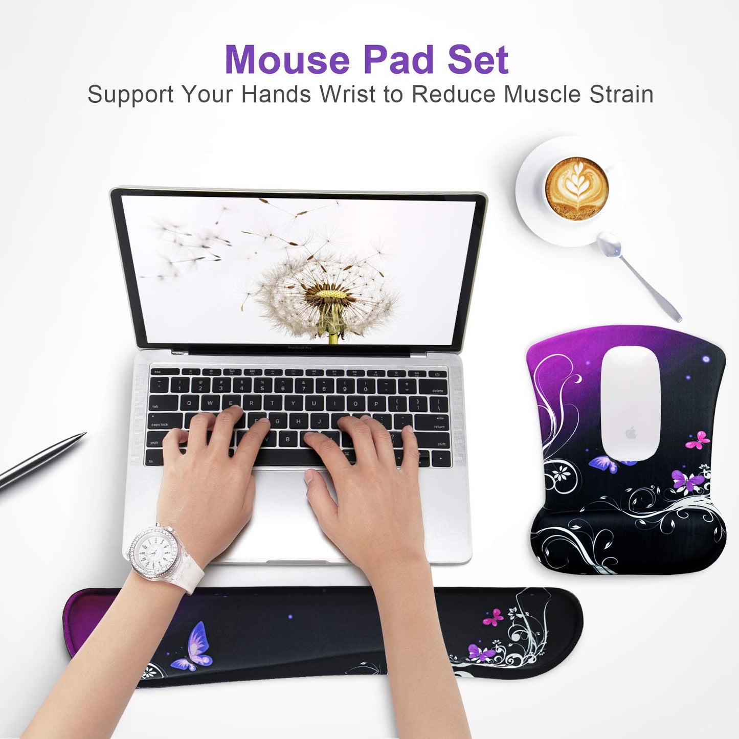 Mouse Pad with Wrist Support and Keyboard Wrist Rest Pad Set,Ergonomic Mouse Pads for Computers Laptop,Non-Slip Comfortable Mousepad w/Raised Memory