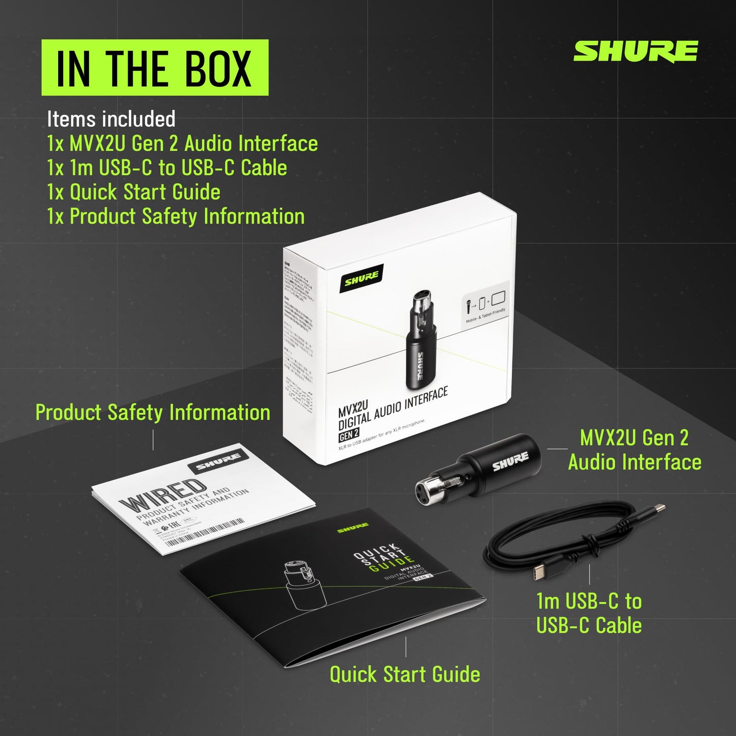 Shure MVX2U Gen 2 XLR-to-USB-C Digital Audio Interface, Apple MFi Certified, Portable Setup for Audio Processing, Noise-Free Recording Between XLR and