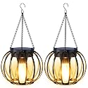 AOUNQ Solar Lanterns Outdoor Waterproof 2 Pack, 14.37" Metal Hanging Solar Lights for Outside with Auto On/Off & Hook - Brighter Hanging Outdoor