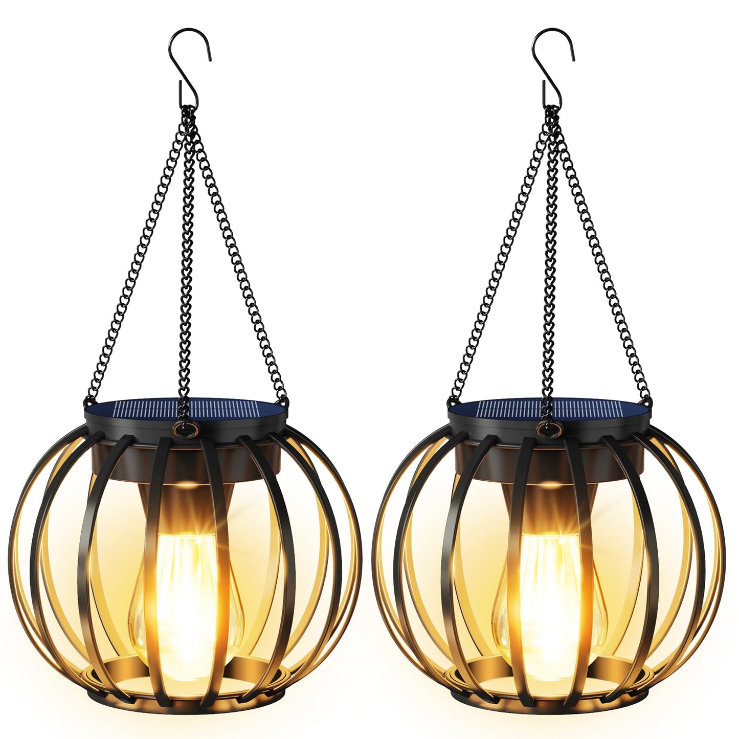 AOUNQ Solar Lanterns Outdoor Waterproof 2 Pack, 14.37" Metal Hanging Solar Lights for Outside with Auto On/Off & Hook - Brighter Hanging Outdoor