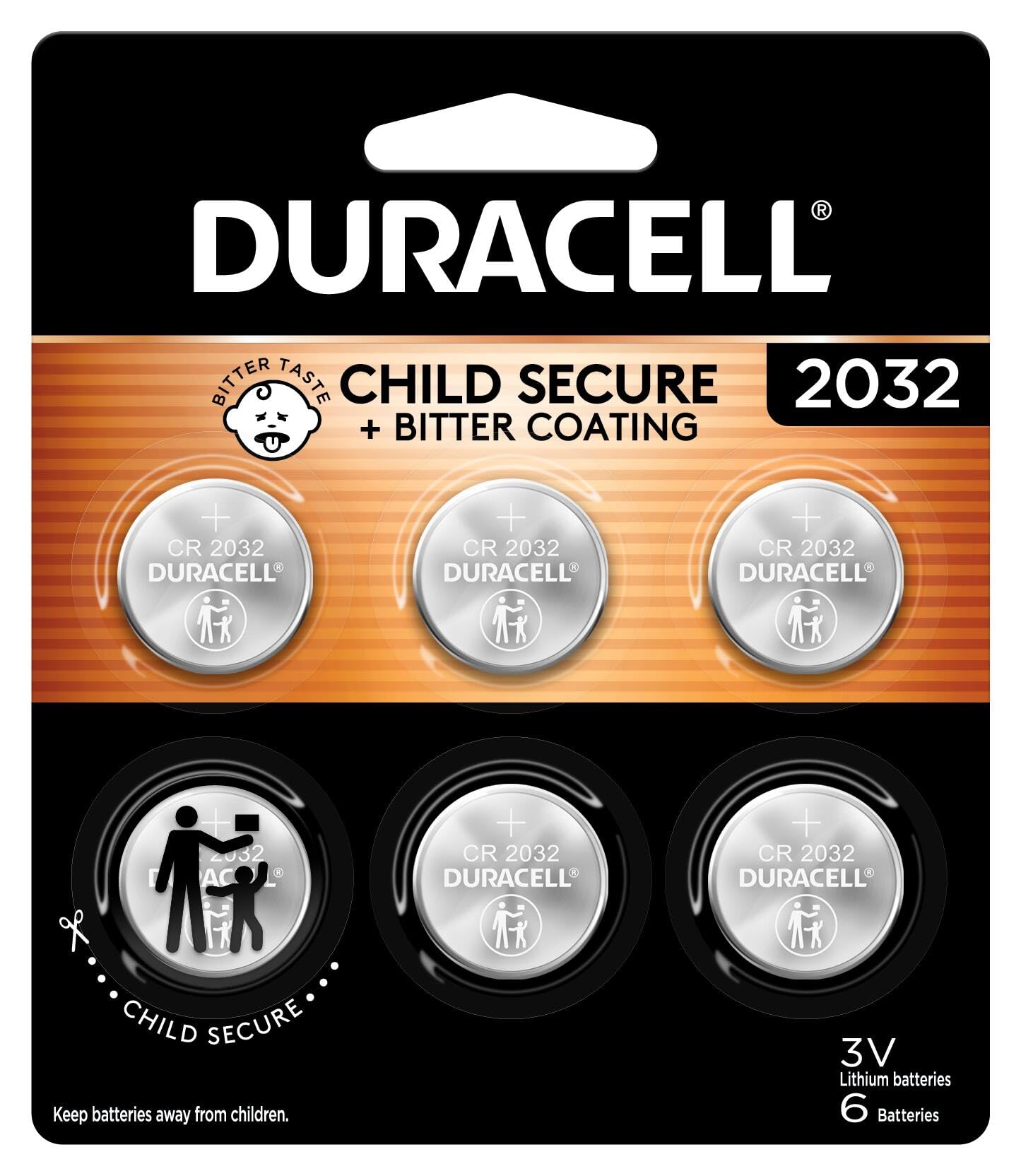 Duracell 2032 Lithium Battery, 6 Count (Pack of 1), Compatible with AirTag, Child Safety Features, Key Fob, CR2032 3V Cell