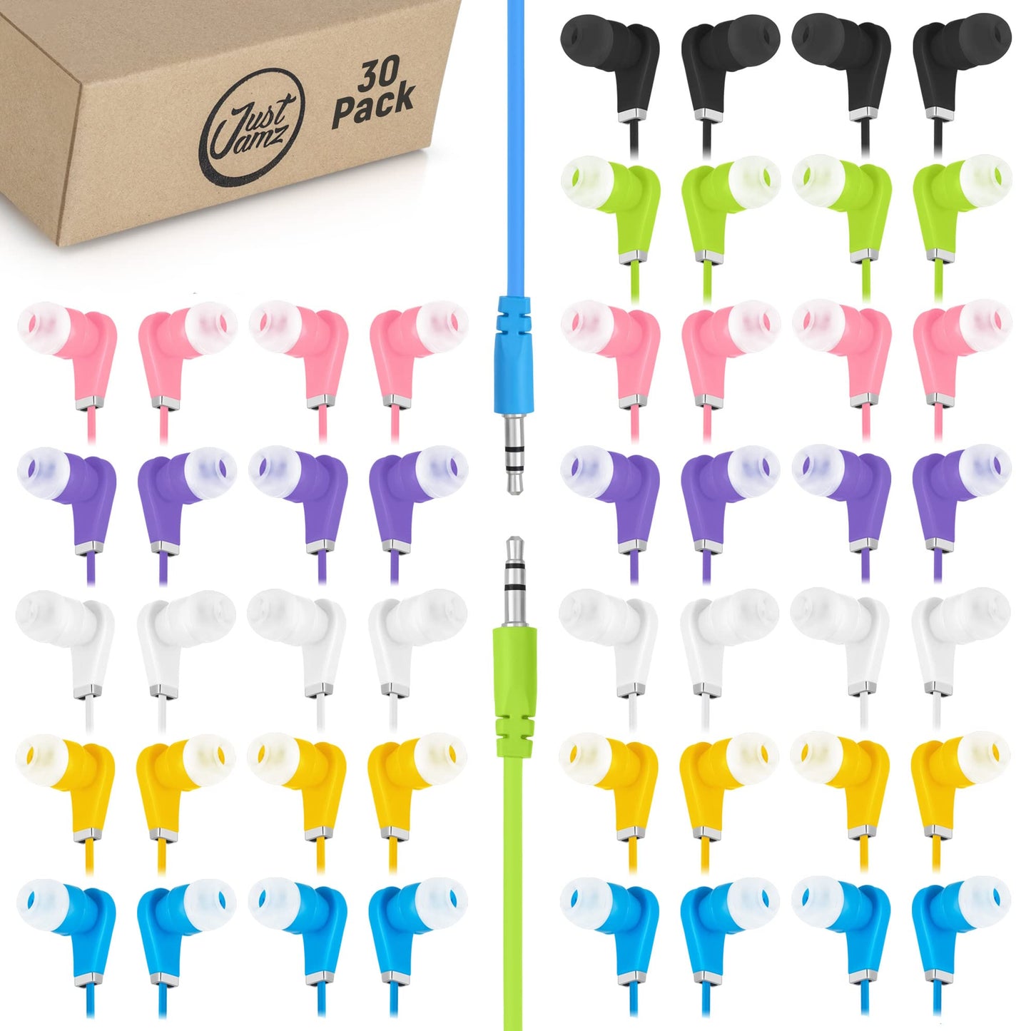 JustJamz Earbuds Bulk Bits, 30 Pack | Multicolored Earbuds Pack, in-Ear 3.5mm Stereo in-Ear Headphones, Ear Buds Bulk, Disposable Headphones…