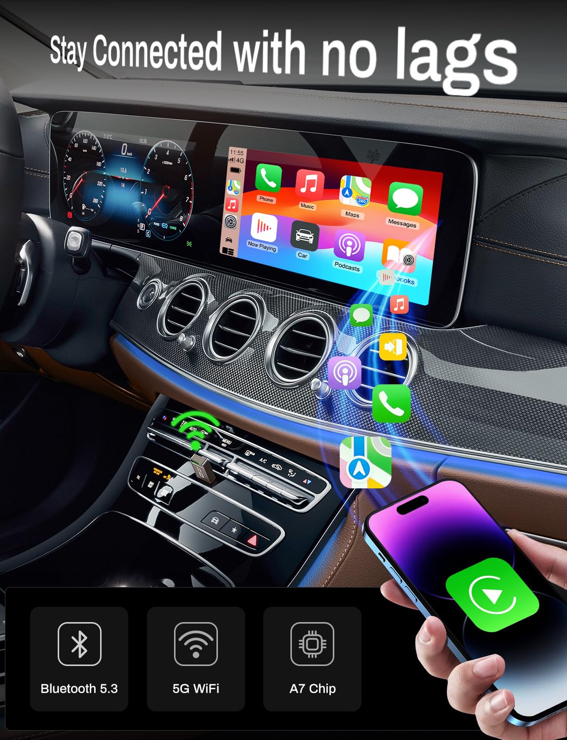 2-in-1 Wireless CarPlay Adapter Support Apple CarPlay & Android Auto, Mini Bluetooth USB A & USB C Dongle Convert Wired to Wireless Compatible