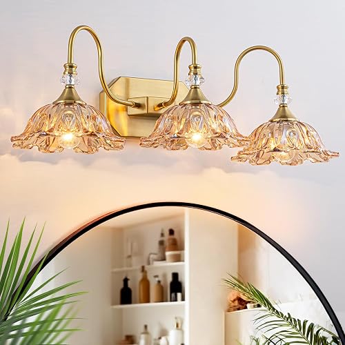 YOGIRL Vintage Gold Bathroom Vanity Light, 3-Lights Matte Antique Brass Finish with Flower Shaped Amber Glass Shades Light Fixture for Bathroom