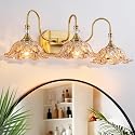 YOGIRL Vintage Gold Bathroom Vanity Light, 3-Lights Matte Antique Brass Finish with Flower Shaped Amber Glass Shades Light Fixture for Bathroom