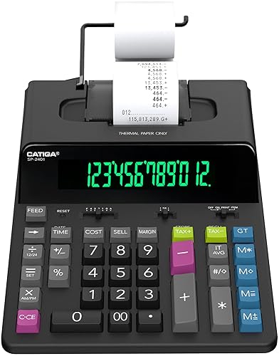 CATIGA 12 Digit Thermal Printing Calculator with Tape Print Out, Ink-Free Adding Machine, 5X Faster Quite at 8.0 LPS, Extra Large Fluorescent Display
