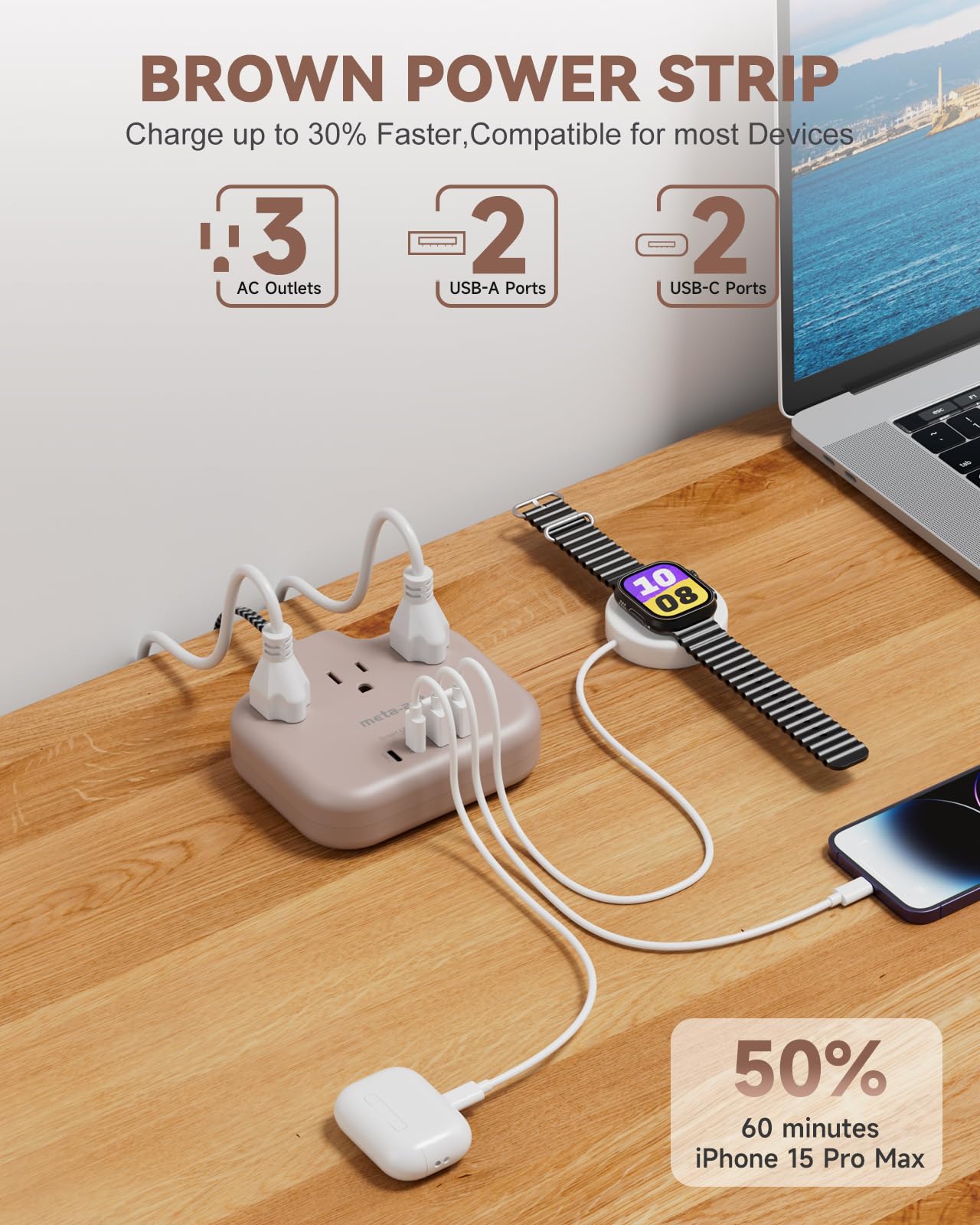 Brown Extension Cord with USB C - 5 FT Flat Braided Extension Cord with 3 Outlets & 4 USB Ports (2 USB-C), 1625W Tan Cord for Brown Tan Wood Walnut