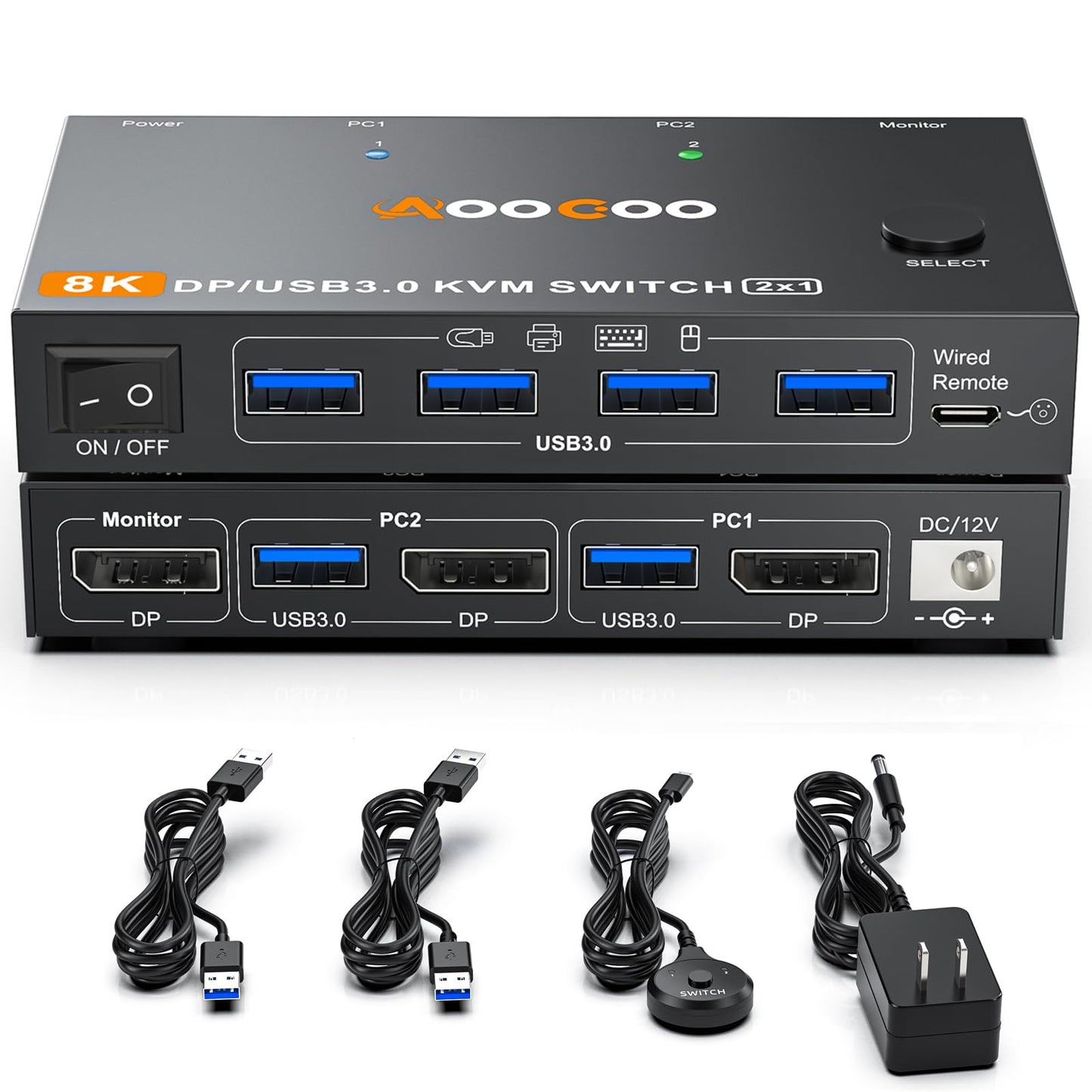 DP KVM Switch 2 Computers 1 Monitor, 8K@60Hz/4K@240Hz Single Monitor KVM Switch for 2 PC Share 1 Monitor and USB3.0 Devices, with USB