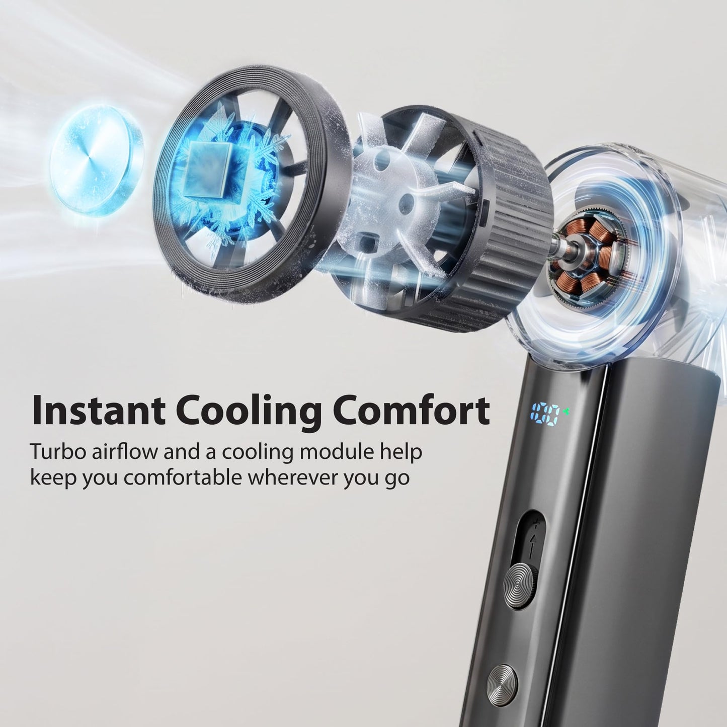 FosPower Mini Ice Fan 16000RPM 100-Speed 3000mAh Gray