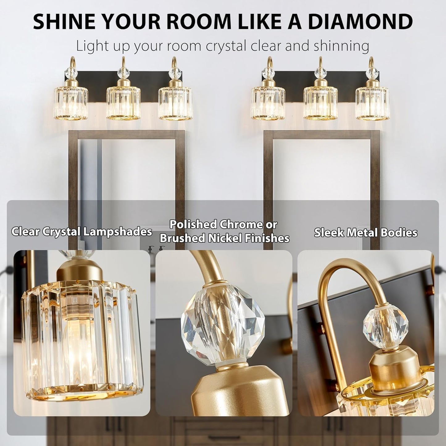 DIAMONDFORGE Bathroom Vanity Light Fixtures Over Mirror, Makeup Lighting for Modern Wall, Bath, Desk, Hallway, Farmhouse, 3 Crystal Lights, Black Gold