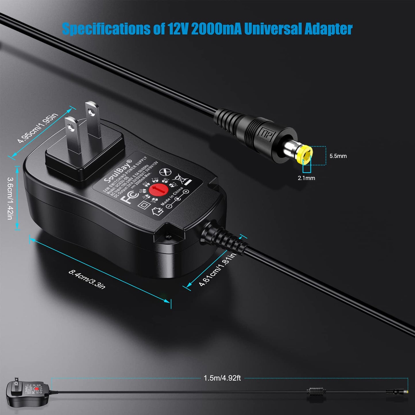 SoulBay 24W Universal AC/DC Adapter 12V 9V 7.5V 6V 5V 4.5V 3V Regulated Switching Power Supply with 8 Selectable Plugs for LED Strip Light Camera…
