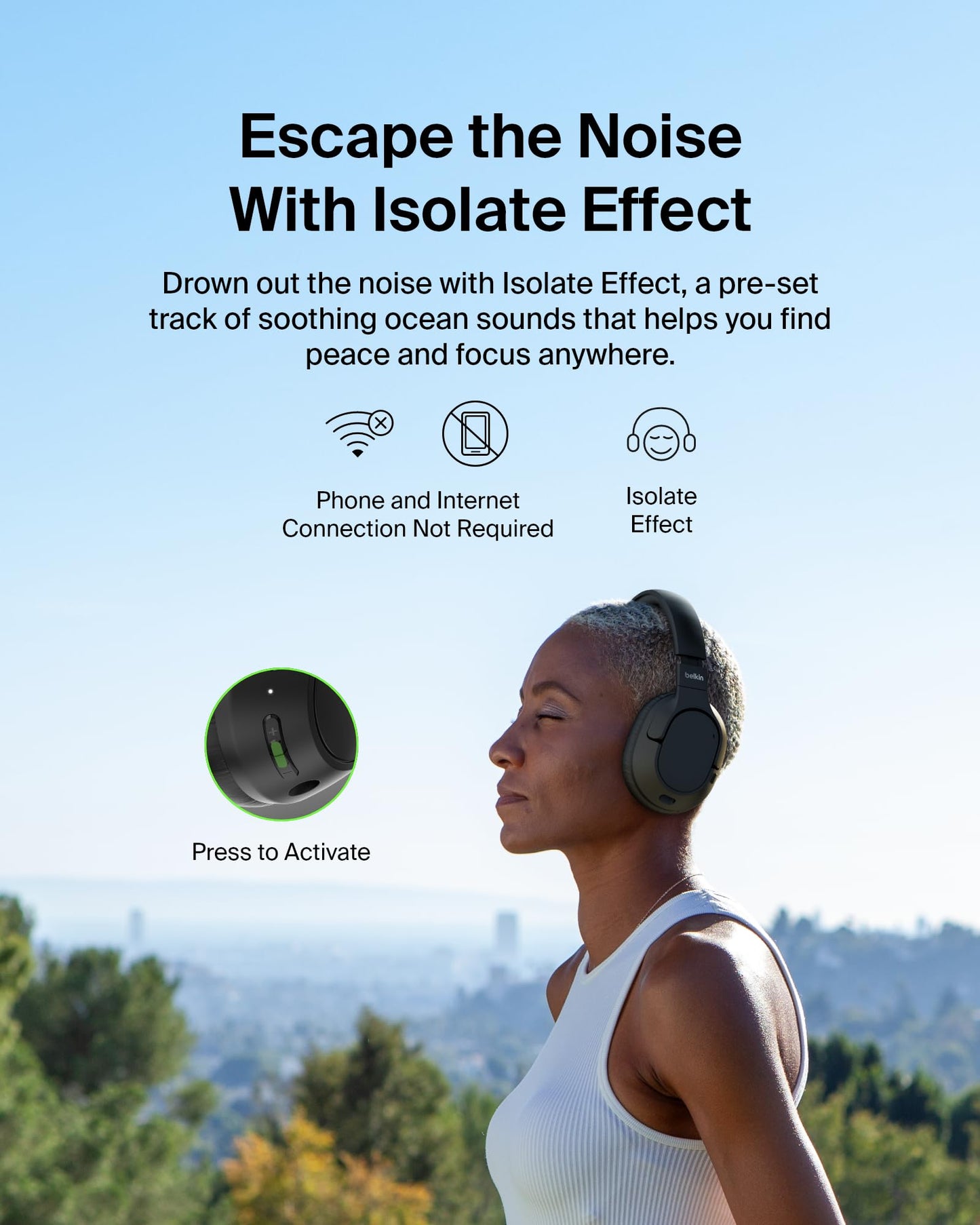 Belkin SoundForm Isolate Bluetooth Over-Ear Headphones - Hybrid Active Noise Cancelling Headphones - Wireless w/ 60H Playtime, Fast Charging…