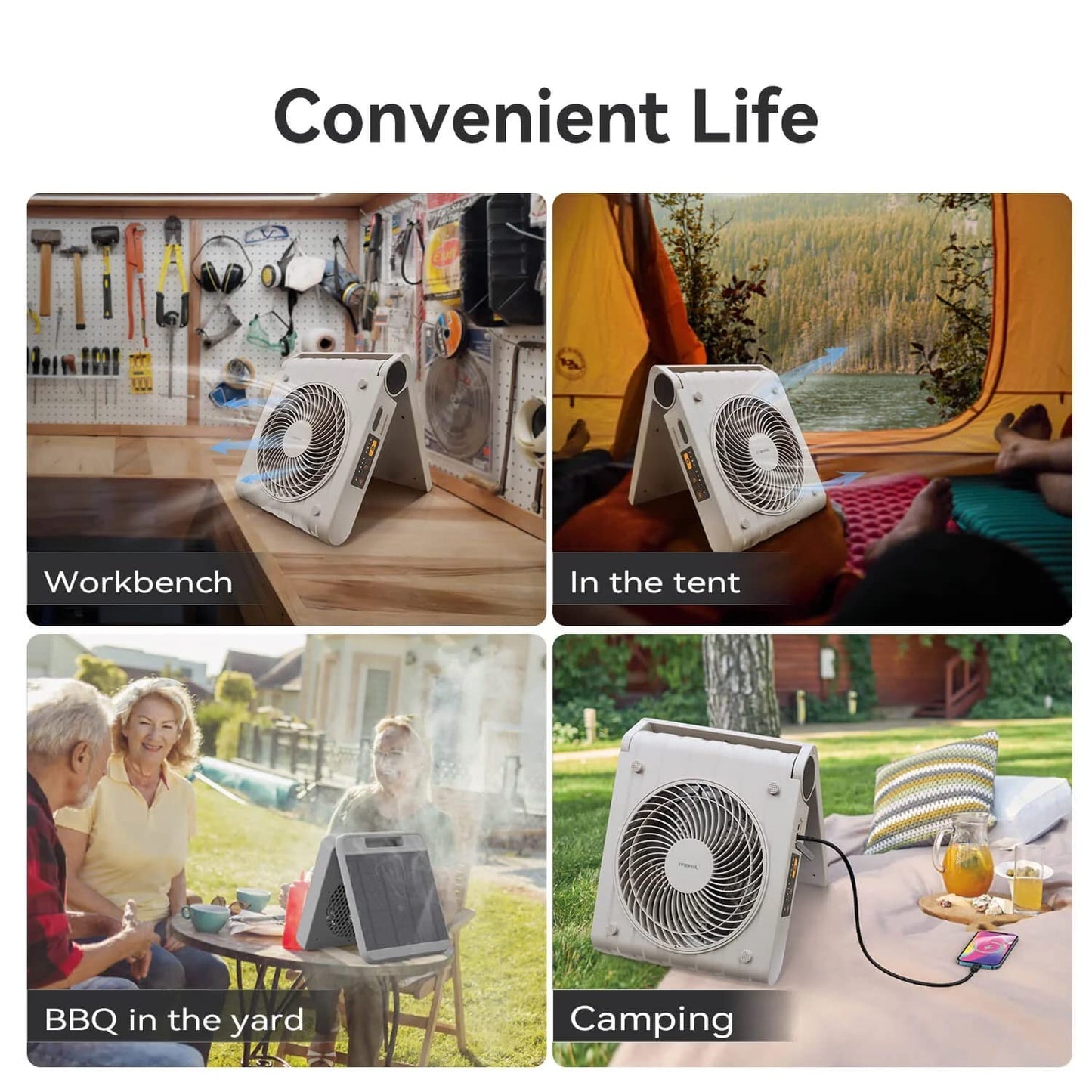 ITEHIL Portable Solar Fan Rechargeable for Camping,10000mAh Rechargeable Battery,Solar charging,4 Speed,4 Timers USB Fan,Personal desk Fan