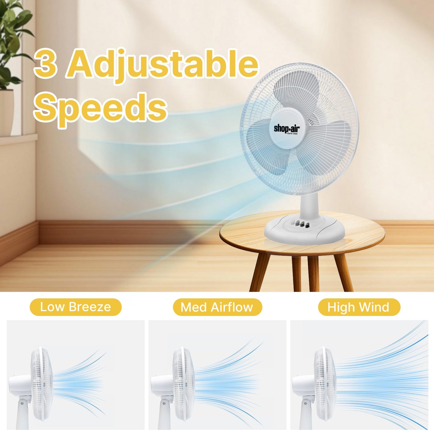 Shop-Air 16" Oscillating Table Fan, 3 Speeds, High-Velocity, Quiet & Powerful Air Circulation, 70° Adjustable Head Tilt,Ideal for Home, Bedroom or
