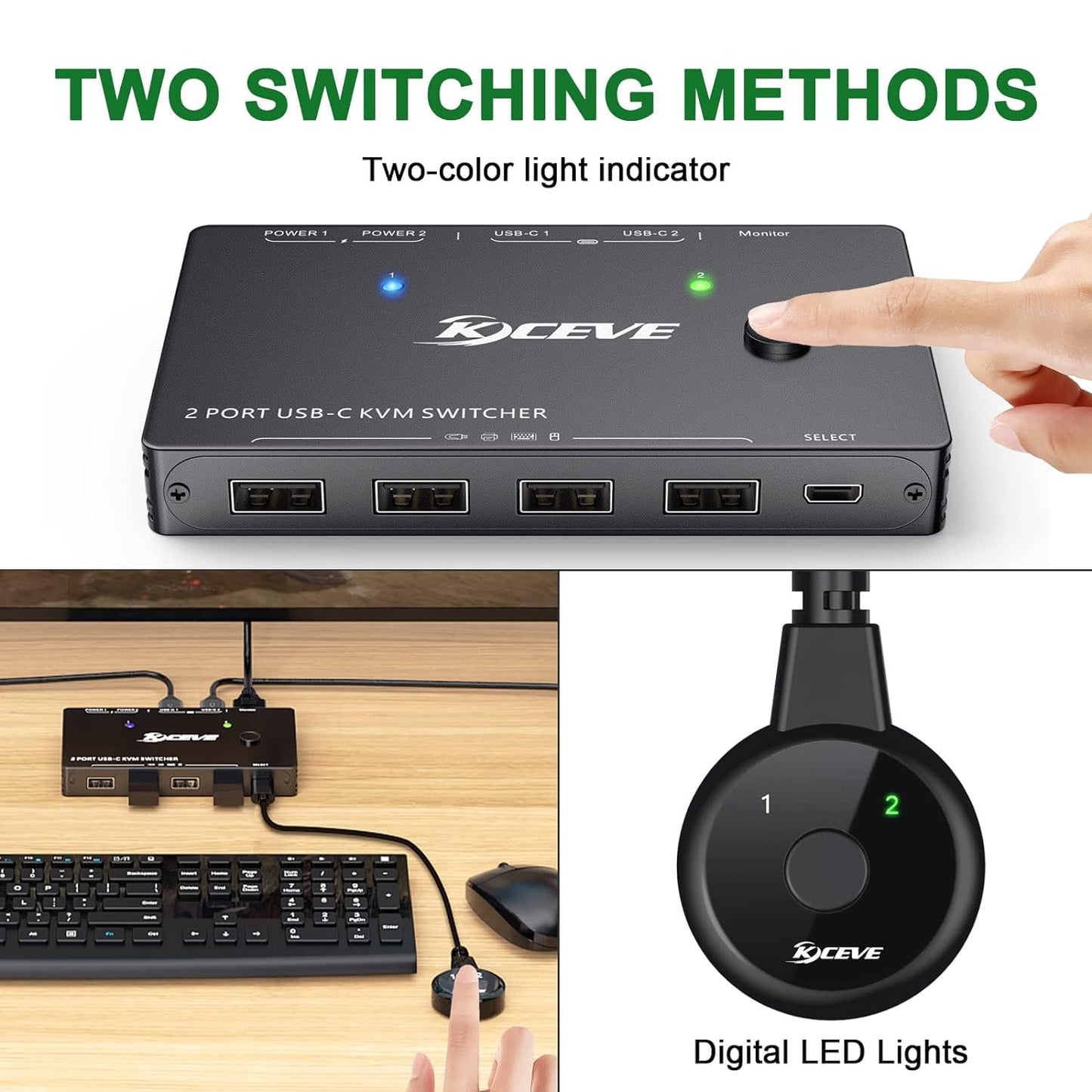 USB C KVM Switch 4K@60Hz, USB C Switch for 2 Laptops Share 1 Monitor and 4 USB Peripherals, Thunderbolt 3 Compatible, 100W PD, Wired Remote and USB-C