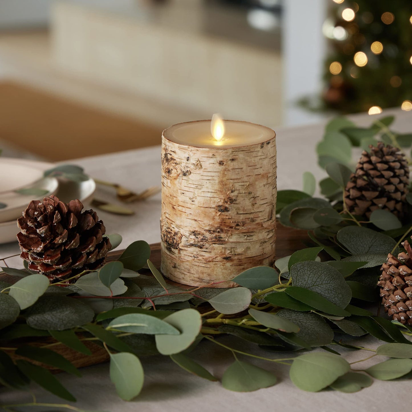 Luminara Real Birch Bark Wrapped Flameless LED Candle, 4" x 5.3", Battery Operated Moving Flame Pillar Light with Timer - Natural Decor Unscented