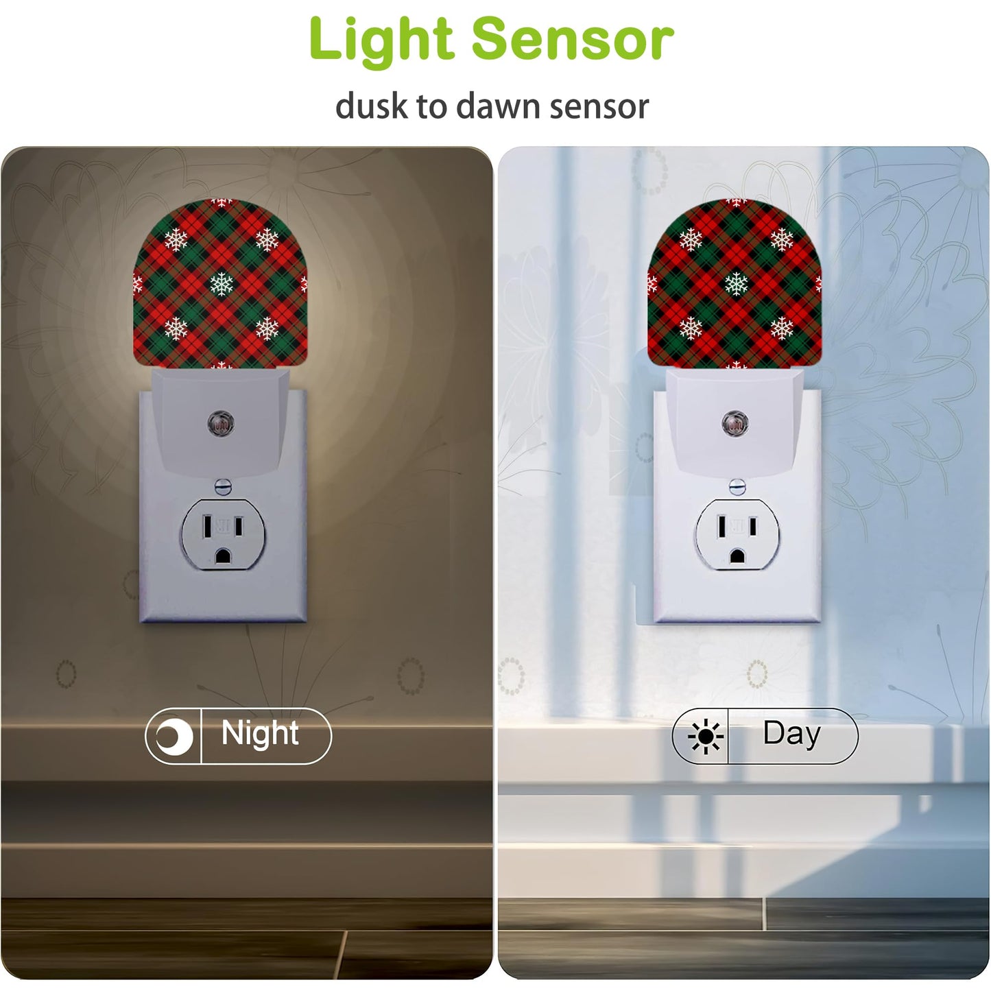 Christmas Red Green Plaids Night Light,Plug into Wall Nightlights with Dusk to Dawn Light Sensors,Nightlights