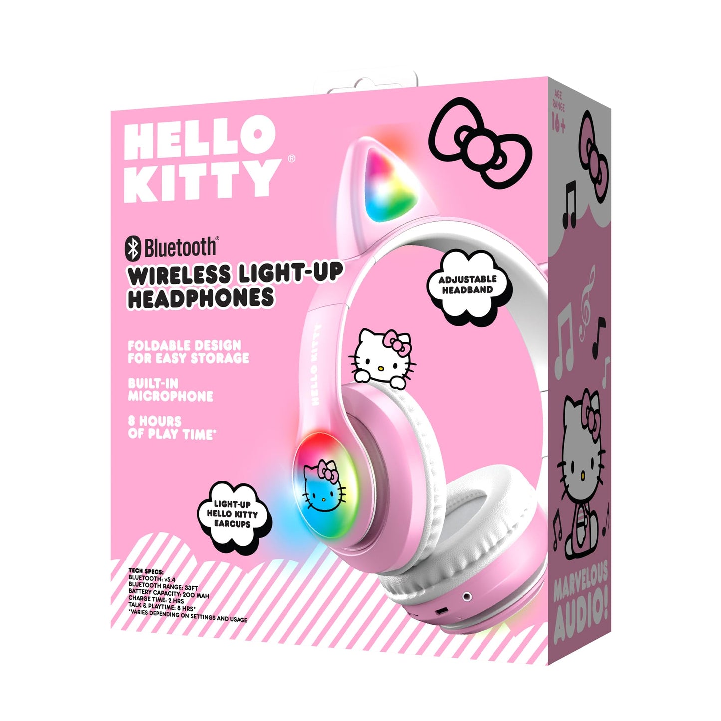 Hello Kitty Wireless Bluetooth Light-Up Headphones with Built-in Microphone, Foldable Design, Adjustable Headband, 8 Hours Playtime, LED Kitty