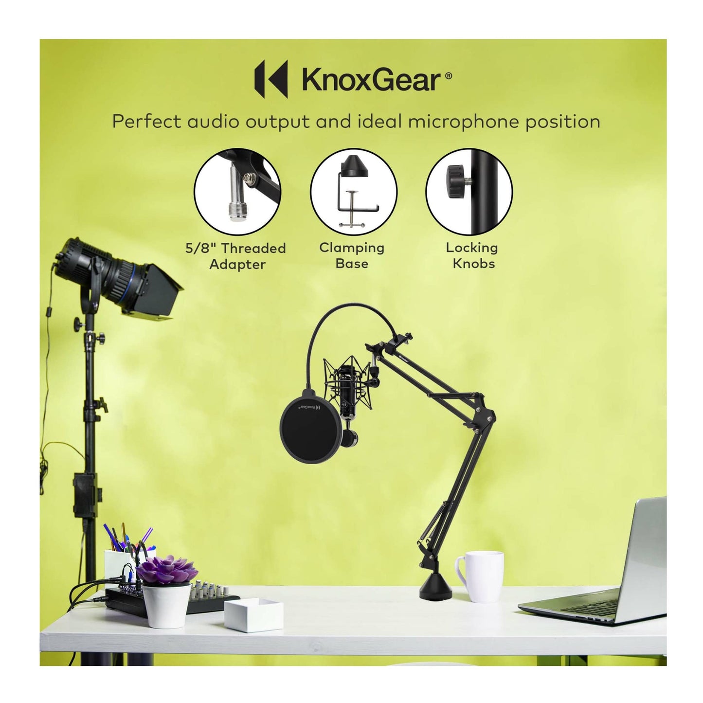 Knox Gear Boom Arm Microphone Stand for Podcasts, Studio Recording, Radio Broadcast, and Gaming, Microphone Desk Stand with 360-degree Rotation, Black