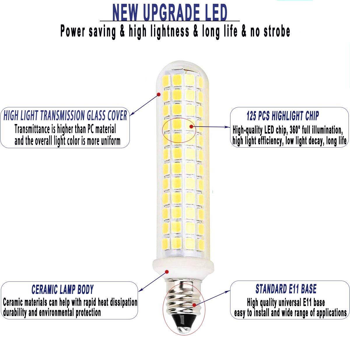 E11 Led Bulbs,100W 120W Halogen Bulb Equivalent,Dimmable,10W,1100LM,JD T4 e11 Mini Candelabra Base,AC110V/130V,E11 Led White 6000k(4 Packs)