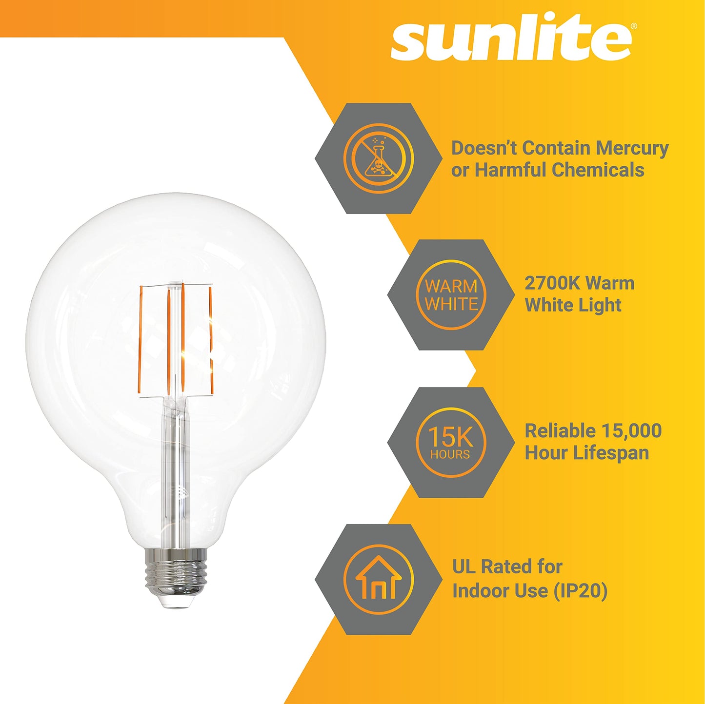 Sunlite 41698 LED G40 Edison Globe Light Bulb, 8.5 Watts (100W Equivalent), Standard E26 Base, 800 Lumens, Dimmable, Decorative Clear Glass, Antique