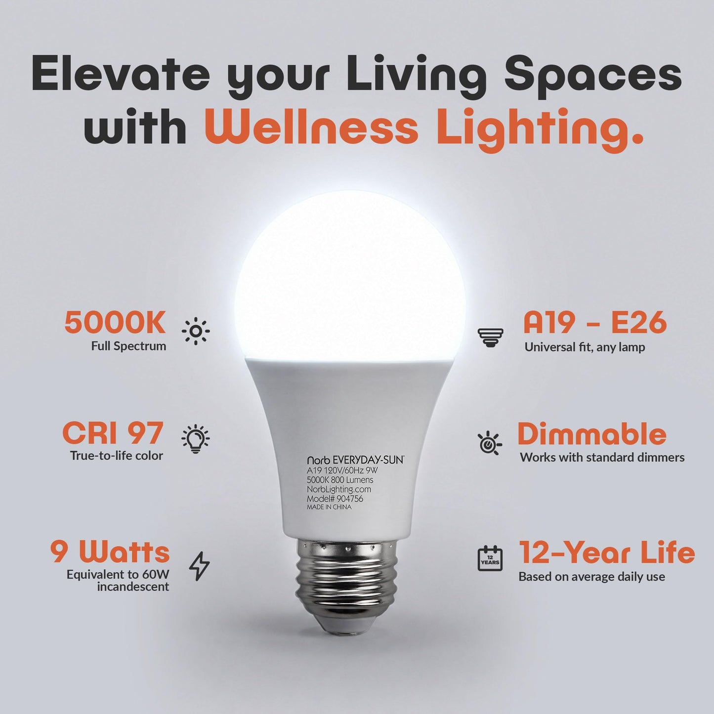Norb Everyday Sun Light Bulbs | Full Spectrum Light Bulb LED 5000K Daylight | High CRI 97 Natural Color | Dimmable 800 Lumens A19 E26 for Energy, Mood