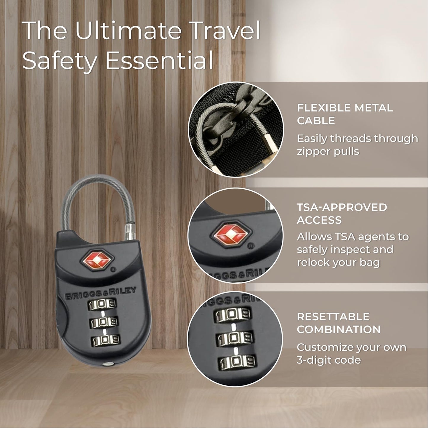 Briggs & Riley TSA Approved Cable Lock – 3-Digit Combination Travel Lock with Flexible Cable for Luggage, Suitcases & Zippered Bags