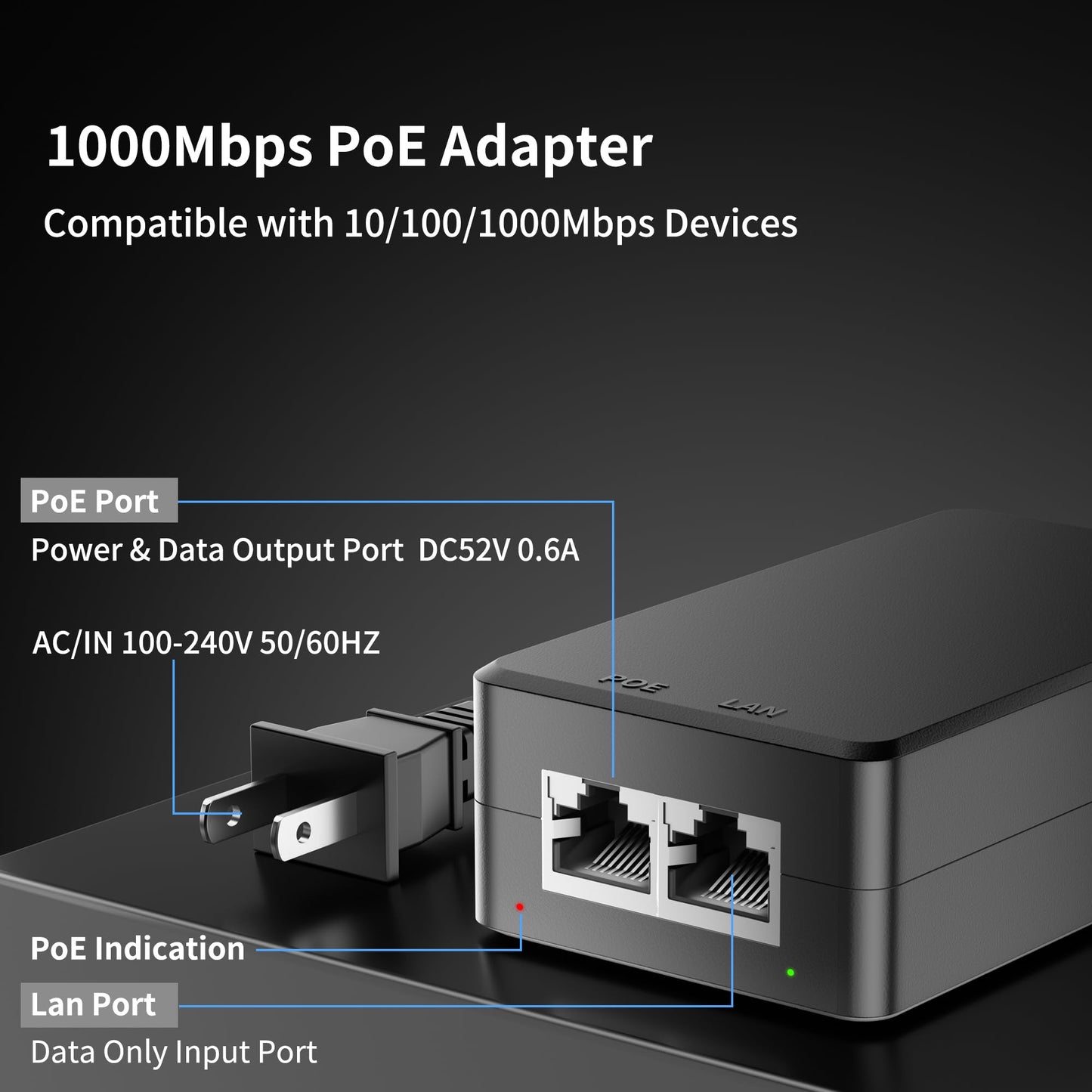PoE Injector Adapter Gigabit 30W, IEEE 802.3bt/at/af Compliant, Converts Non-PoE to PoE Network, 10/100/1000Mbps RJ45, Up to 328 ft, Plug & Play