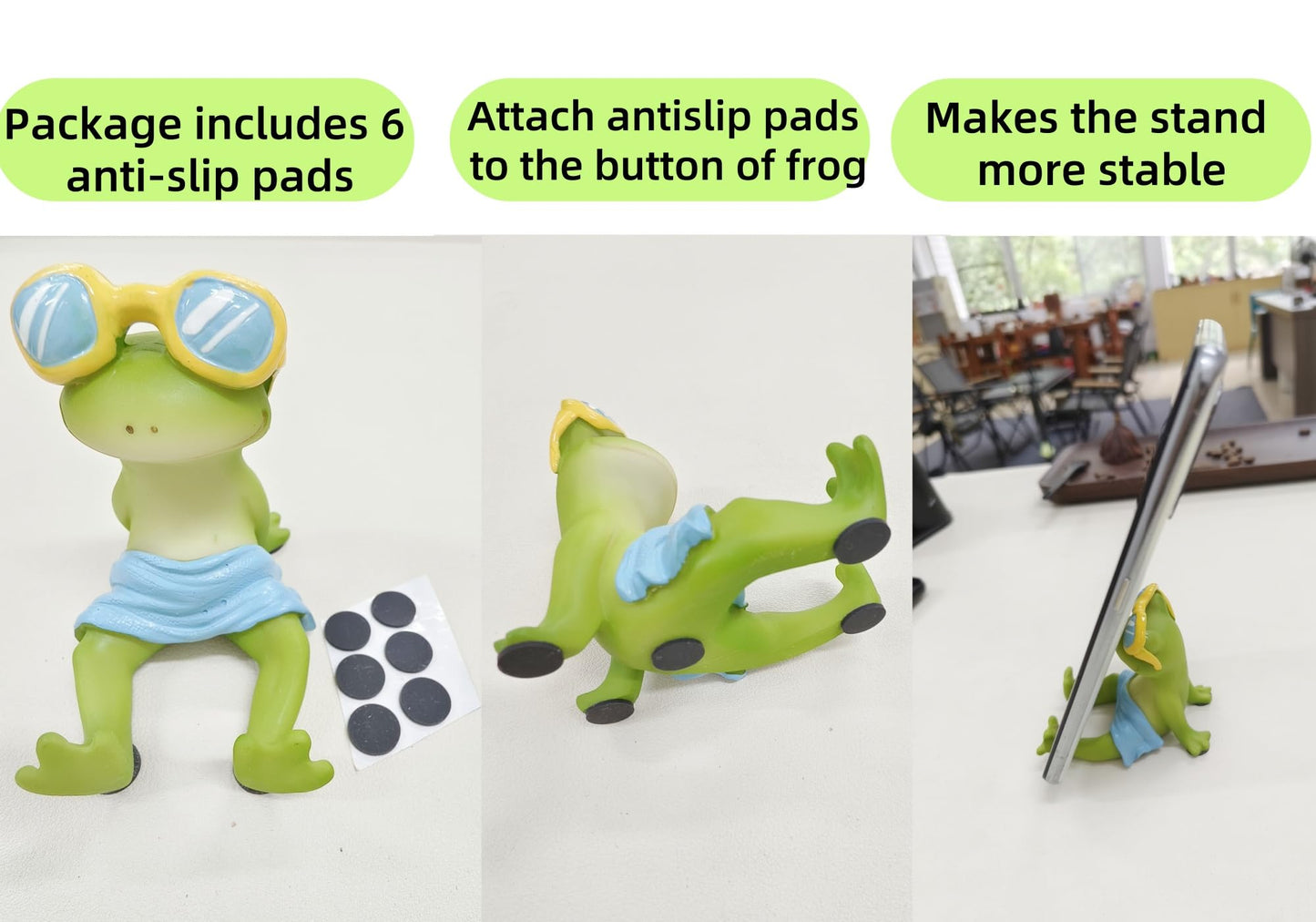 IZKOOKE Cute Frog Phone Holder with 6 Anti-Slip Pads, Resin Cell Phone Stand Kawaii Animal Desk Phone Holder Universal Fit Smart Mobile Phones Stand