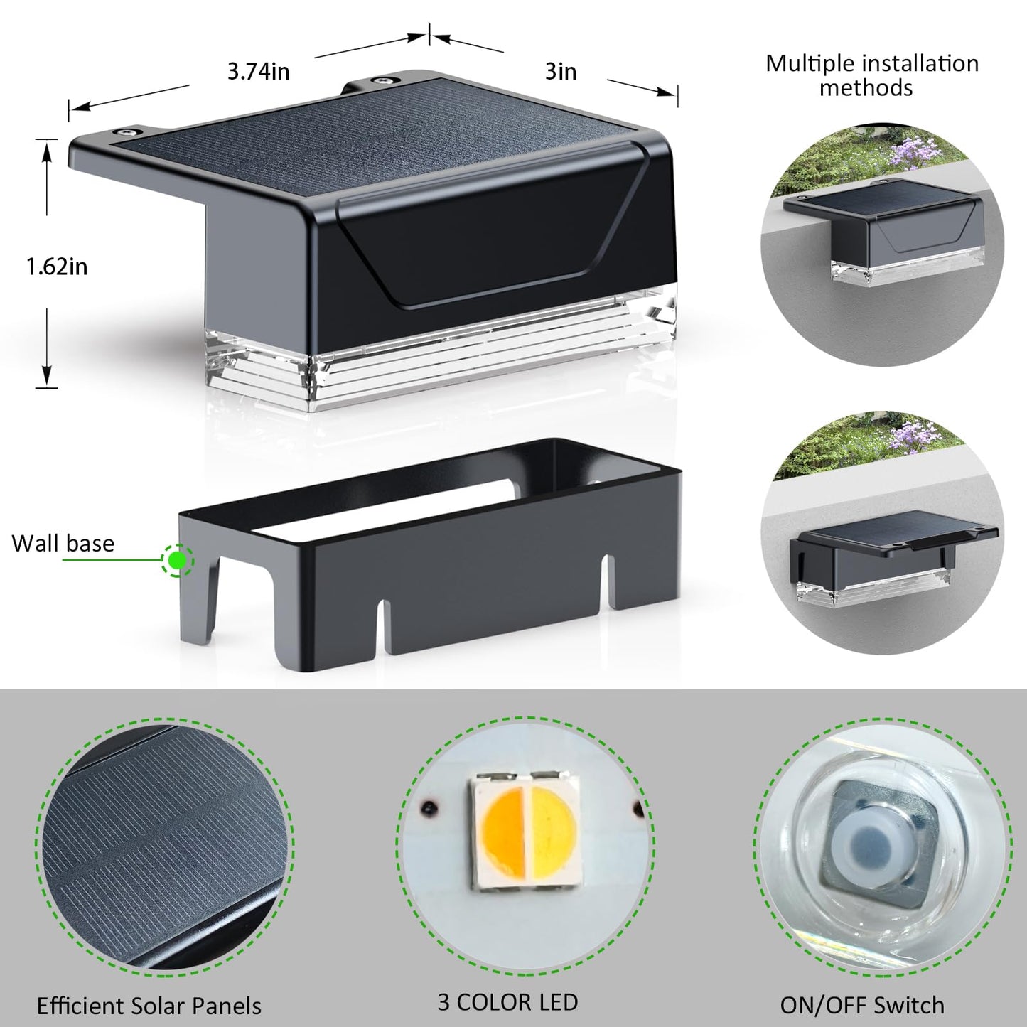 LIANGLOME Solar Fence Lights Outdoor - 3000/4000/6000K 3 Mode, IP65 Waterproof Solar Powered Fence Lights, Dusk to Dawn for Outside