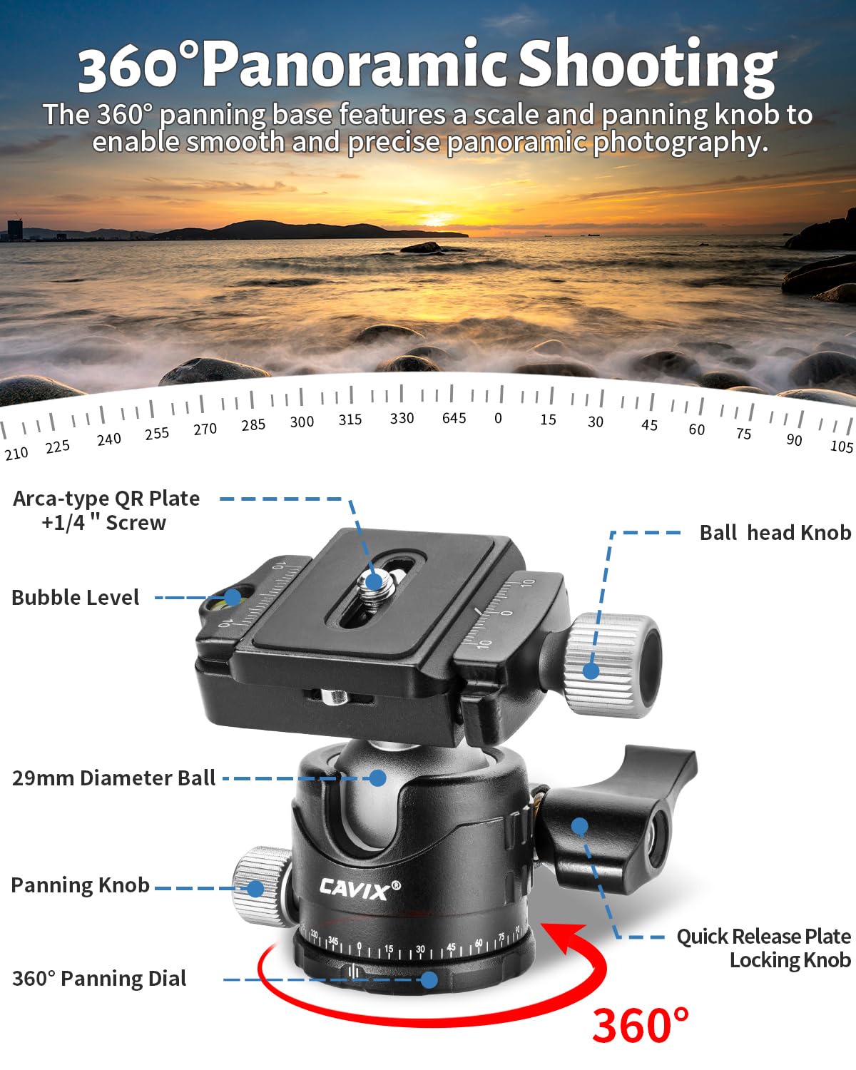 Low Profile Ball Head, CAVIX H-29S Camera Tripod Head Metal Ball Head with Arca Swiss Quick Release Plate Bubble Level Load Capacity 22 Lbs/10kg…