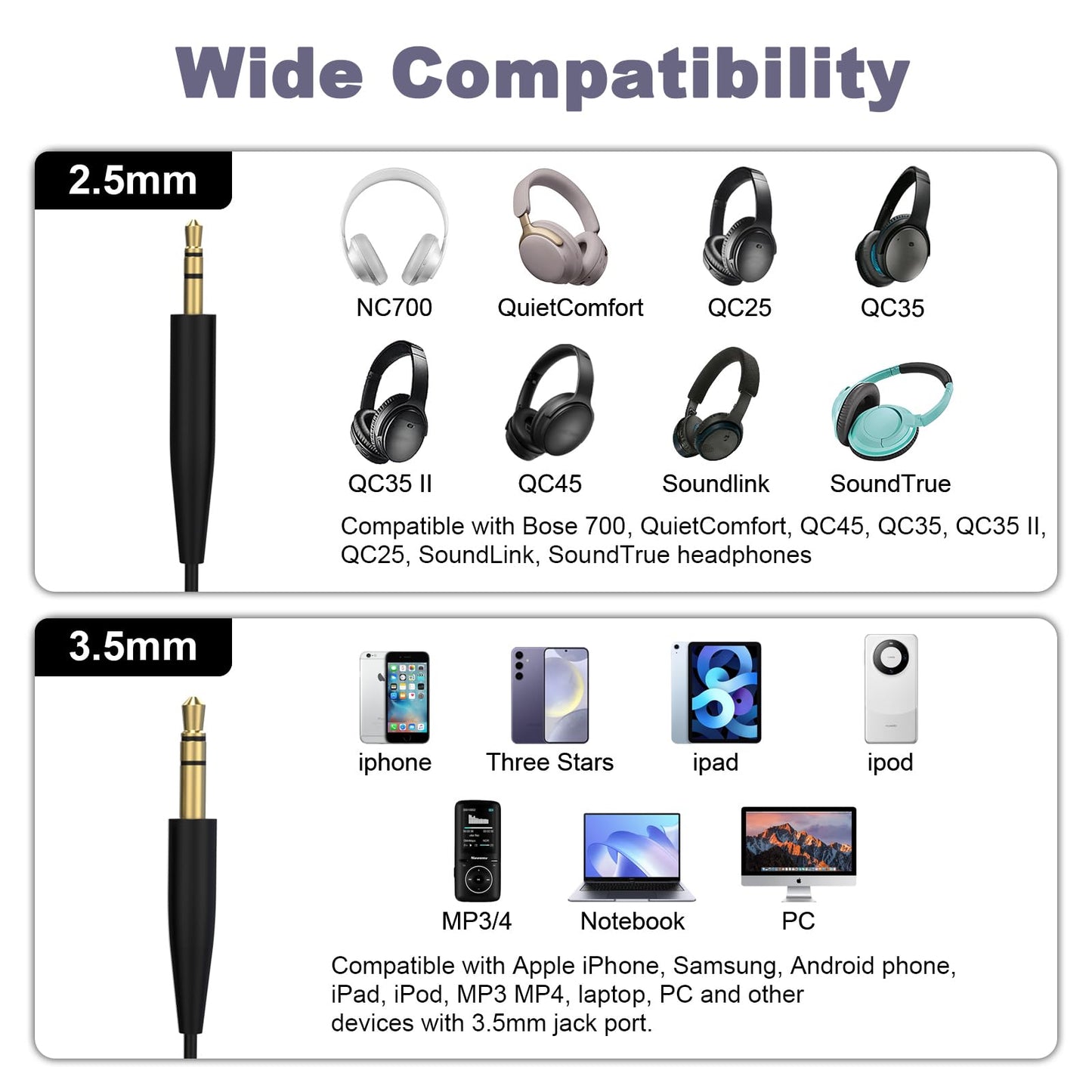 Replacement Audio Cable Aux Cord 3.5mm to 2.5mm Wire Compatible with Bose 700 QuietComfort QC45 QC35II QC35 QC25 Noise Cancelling Headphones