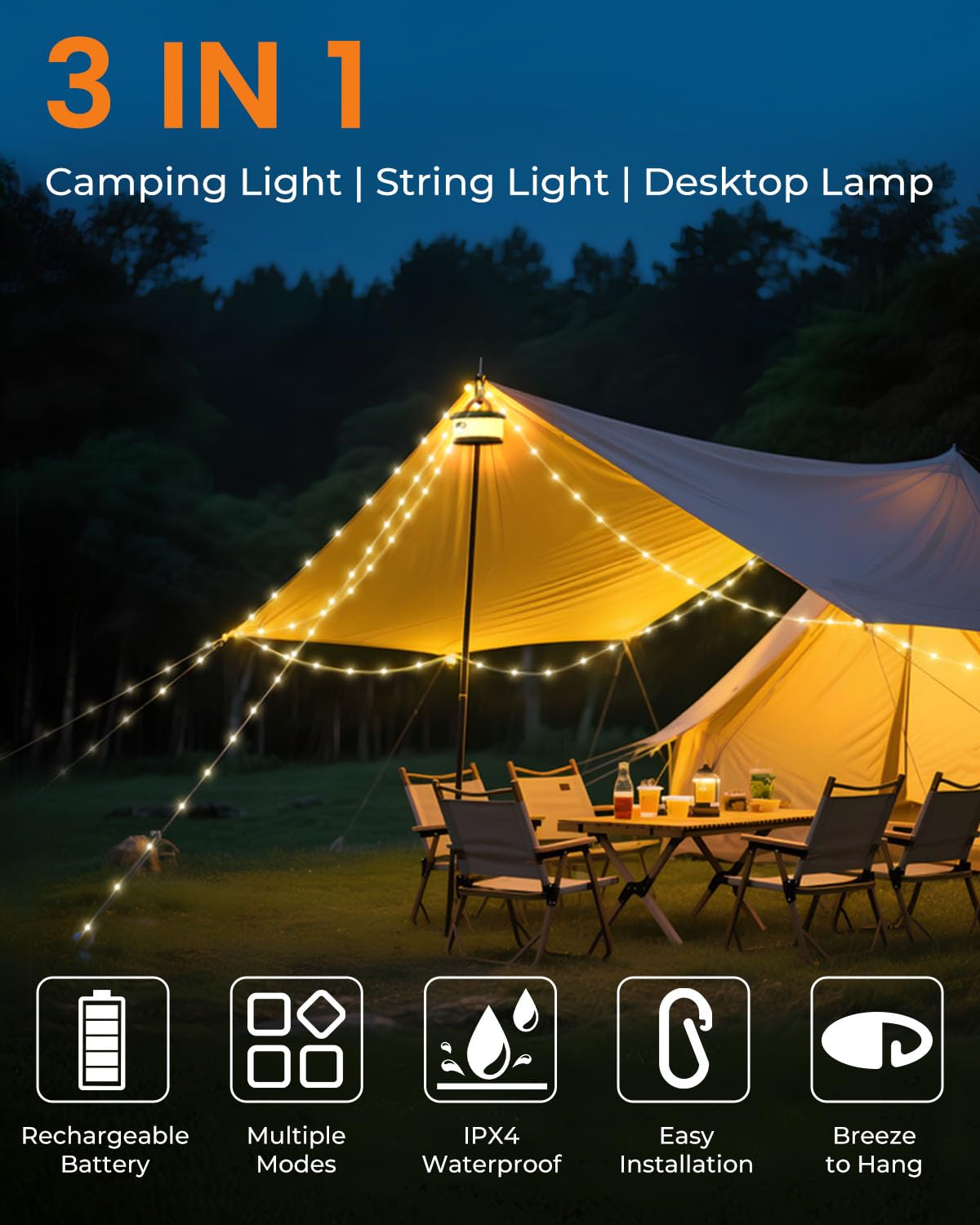 Bylitodt Camping String Lights, Retractable 32.8ft RGB Flash Lamp, Rechargeable Fairy LED Rope Lights Outdoor Waterproof, Portable Hanging Lantern