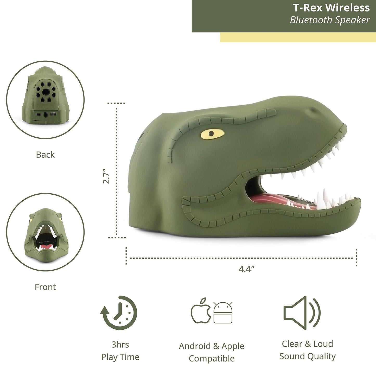 Funx Accessories T-Rex Bluetooth Wireless Speaker, Dinosaur Design for Kids of All Ages, Average 3 Hours of Playtime, 3W Output, Compatible