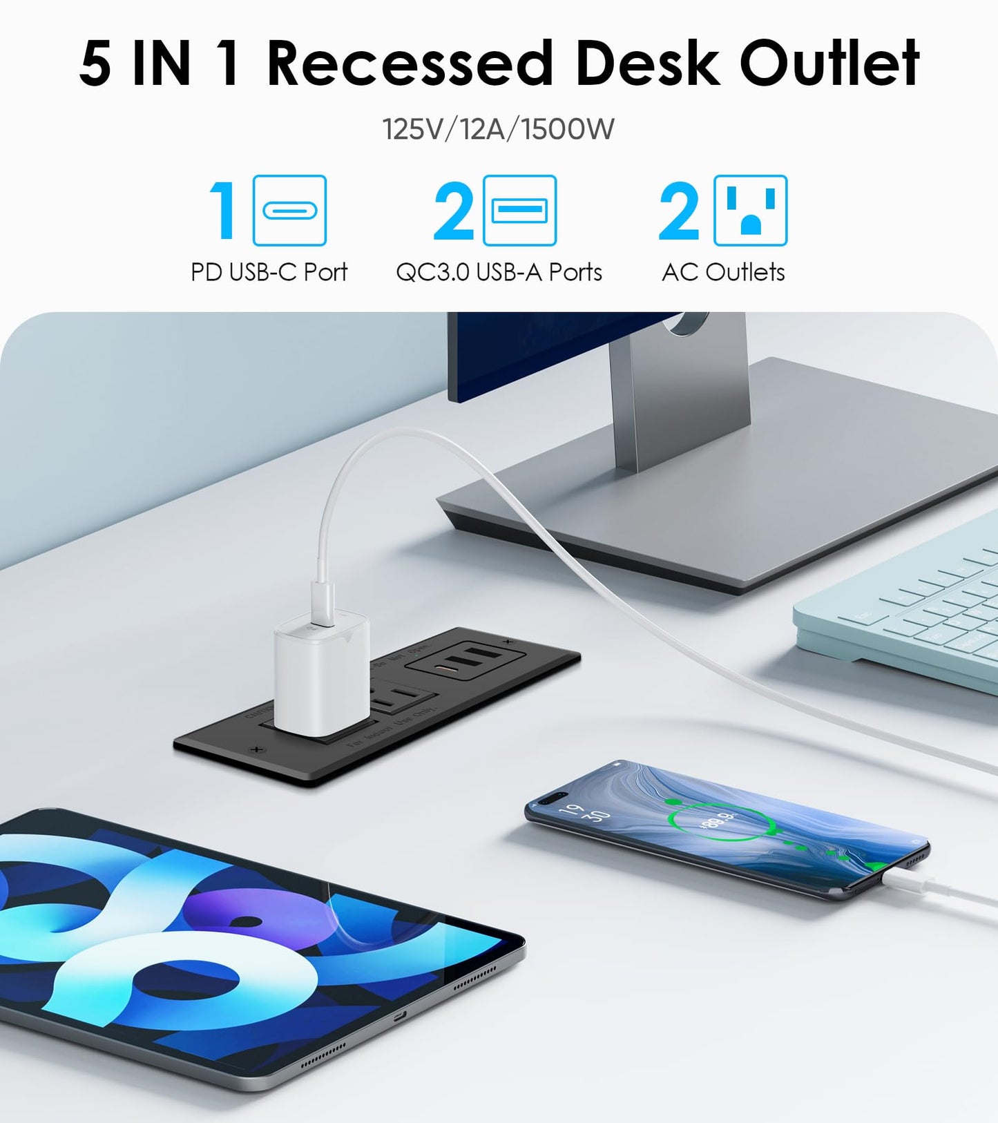 Recessed Power Strip, Flush Mounted Drawer Outlet with PD 20W Fast Charging USB-C Ports, Recessed Outlet for Conference Rooms, Office Tables