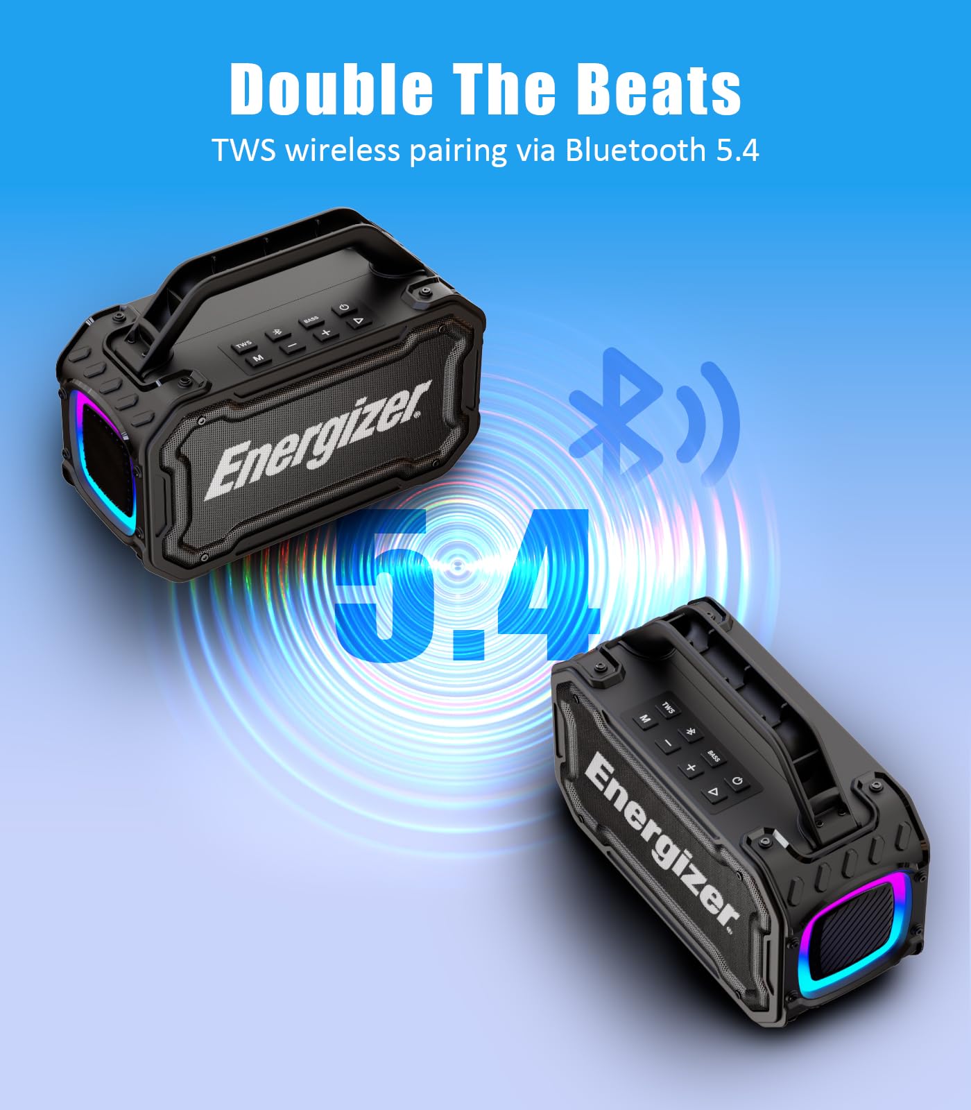 Energizer 100W Portable Wireless Bluetooth Speaker Bass Boost 24-Hour Playtime IPX6 Waterproof Outdoor Ready LED Light Show TWS Pairing|Perfect
