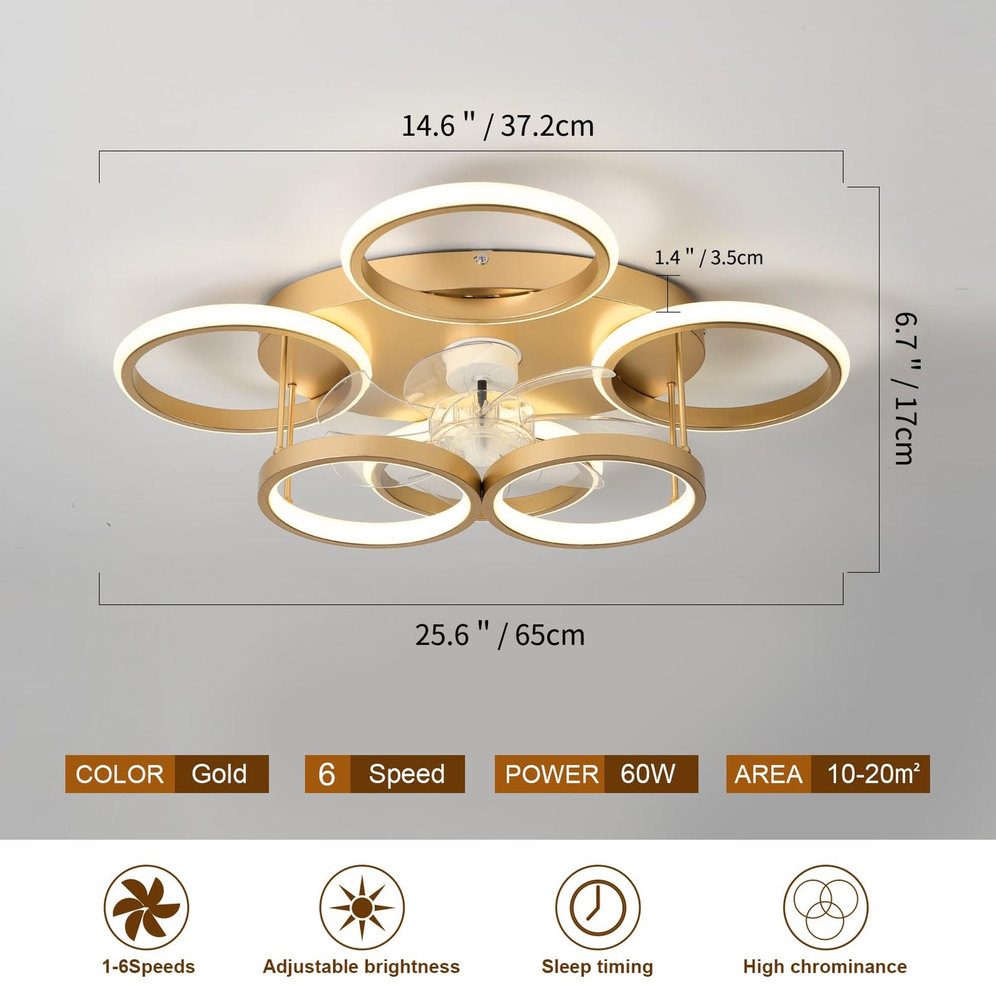 Anyeark Low Profile Ceiling Fan with Light Modern, Bedroom Ceiling Smart Fan with LED, Fandelier Ceiling Fan Flush Mount 25.6-inch, 3000K-6500K